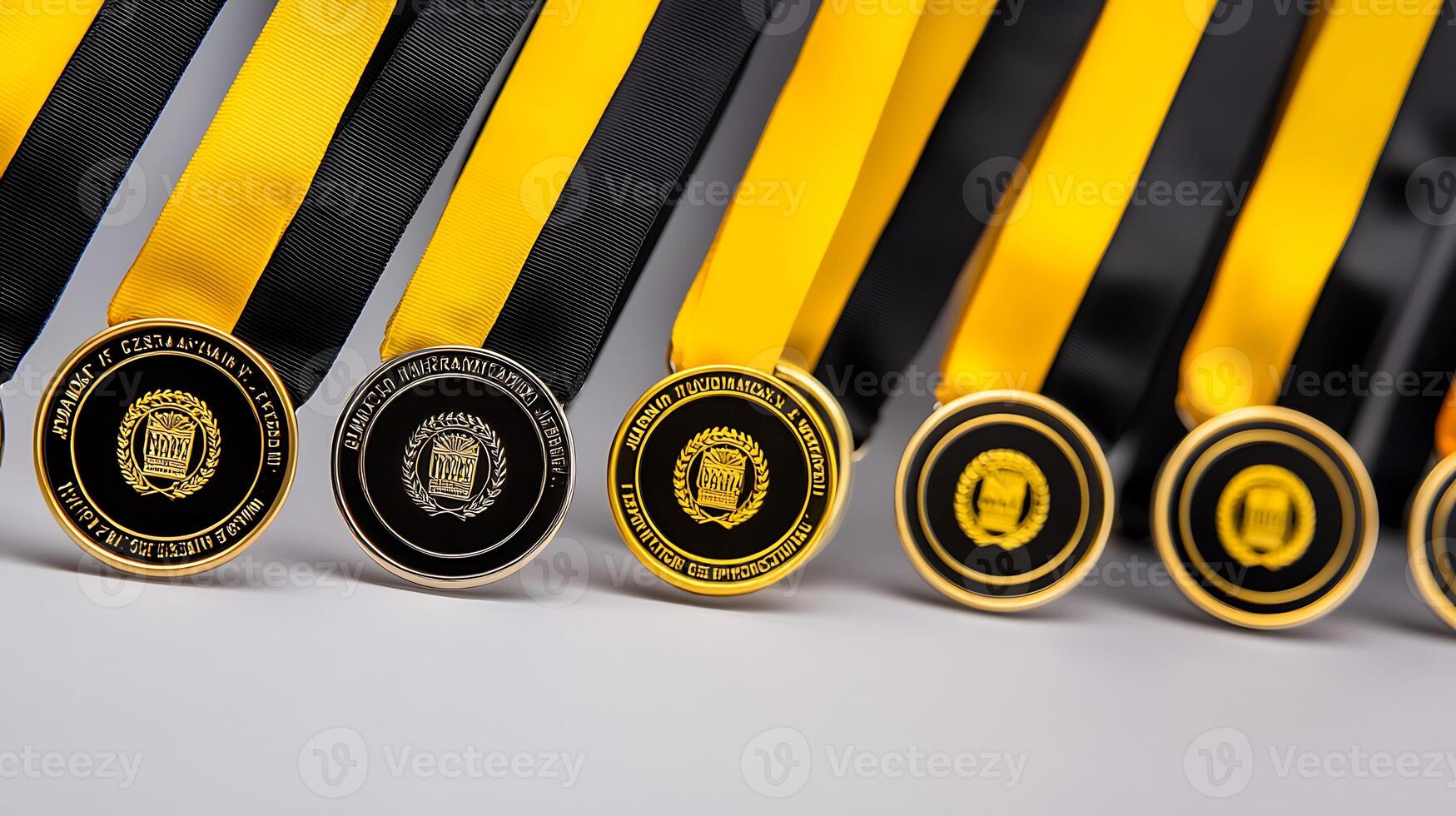 Close-up view of multiple gold medals with black and yellow ribbons arranged neatly on a surface photo