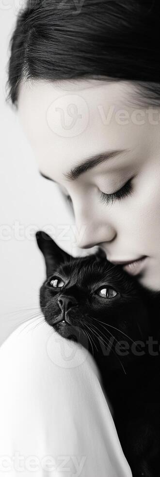 A woman gently cradles her black cat, sharing an intimate moment. The soft-focus vintage film aesthetic and chiaroscuro lighting create a timeless artistic depth photo