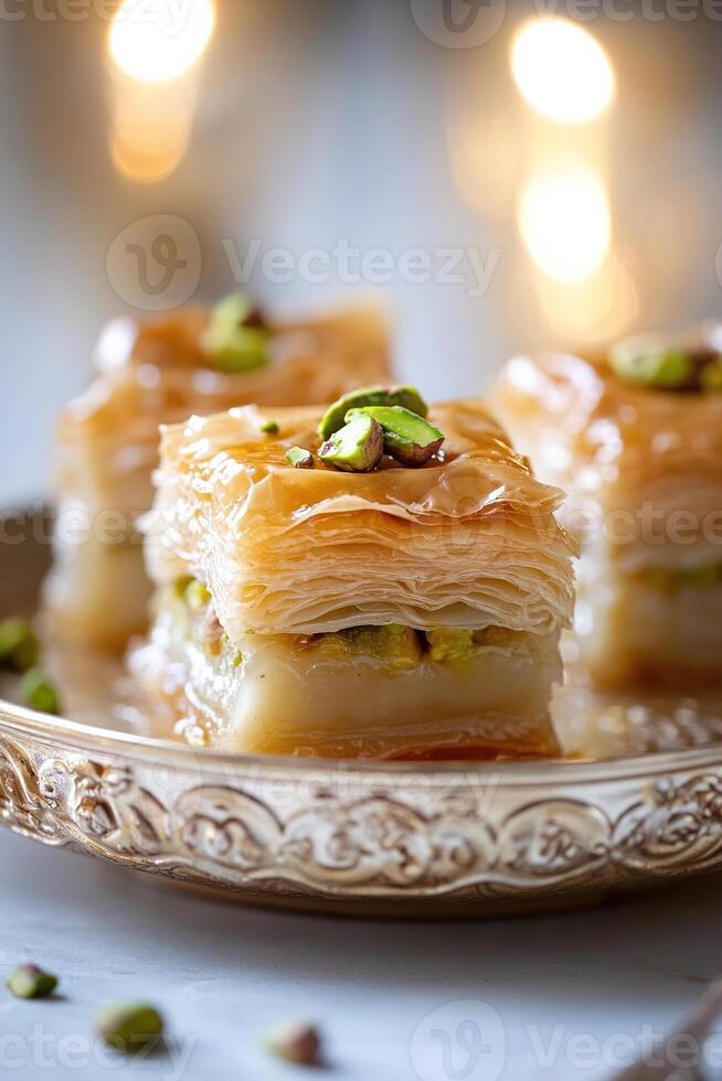 Warm golden pistachio baklava glistens with honey, showcasing delicate layers of crispy phyllo pastry, artistically presented on an ornate ceramic dish. Soft lighting adds to the inviting atmosphere photo
