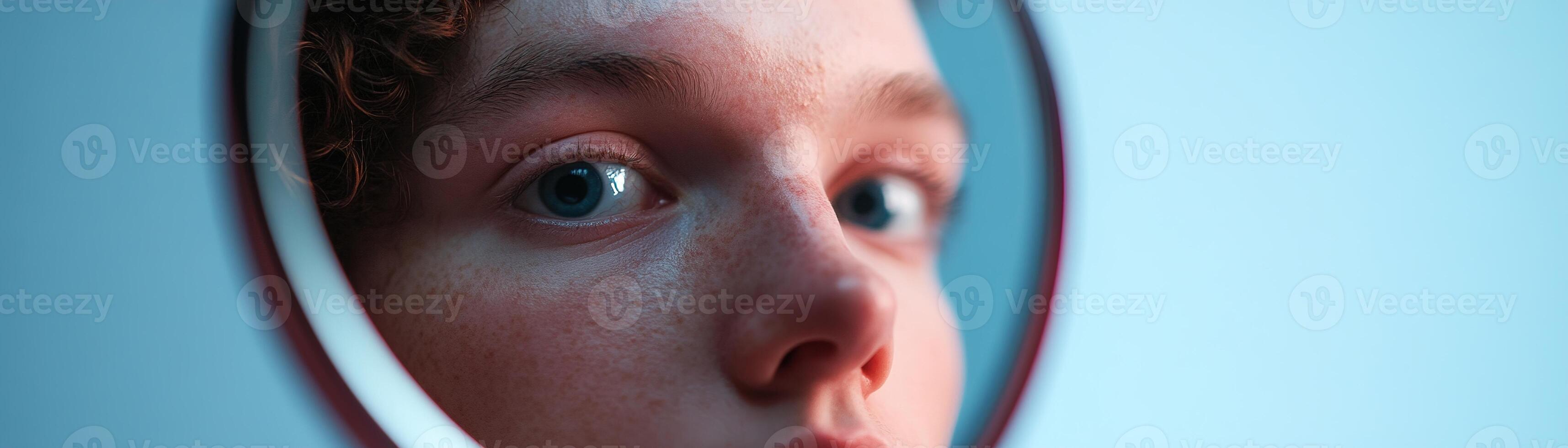 A person stands before a mirror in a softly lit environment, observing their reflection. The distortion adds an unsettling effect, inviting curiosity and intrigue photo