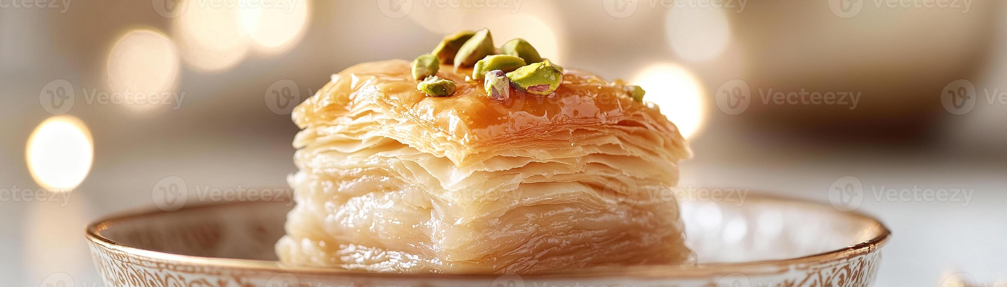 A piece of warm pistachio baklava rests on a beautifully designed ceramic dish, radiating a golden hue and glistening with honey under soft ambient light, showcasing its delicate layers photo