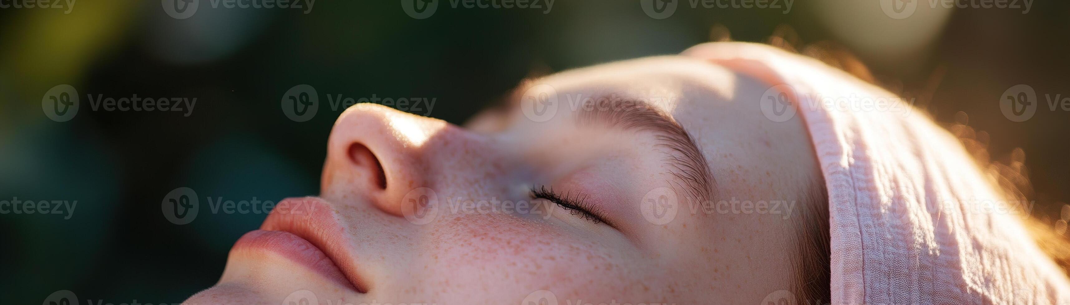A person is deeply asleep, their face gently lit by natural light, exuding a sense of calm and relief from tension headaches. The environment suggests tranquility and rest photo