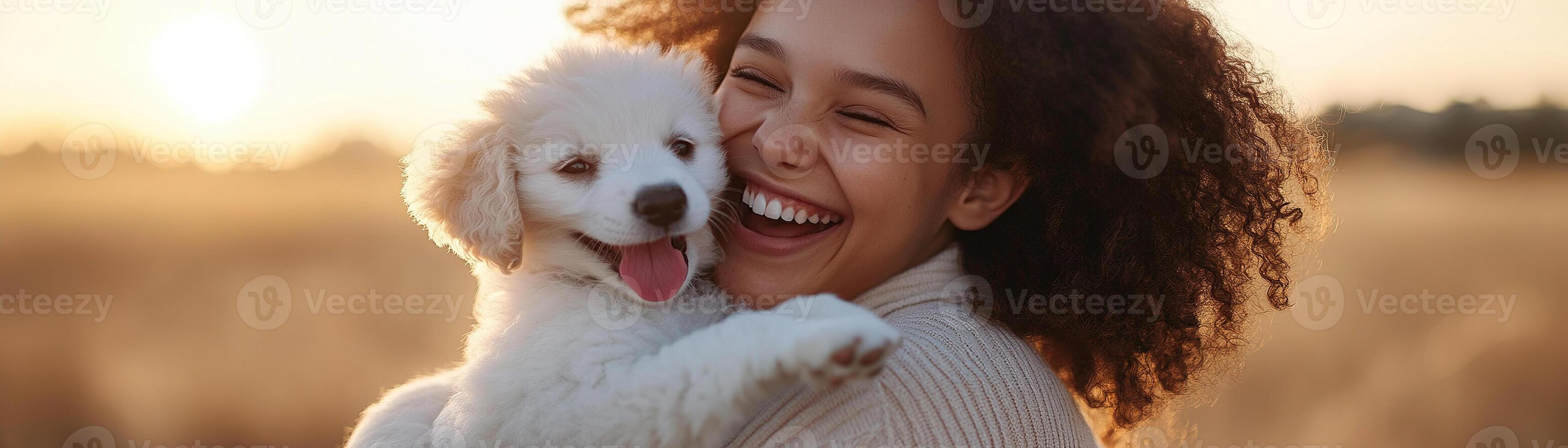 A joyful woman bursts into laughter as she lifts a playful puppy in her arms, illuminated by a soft, glowing light during golden hour. The background creates a dreamy, pastel aesthetic photo
