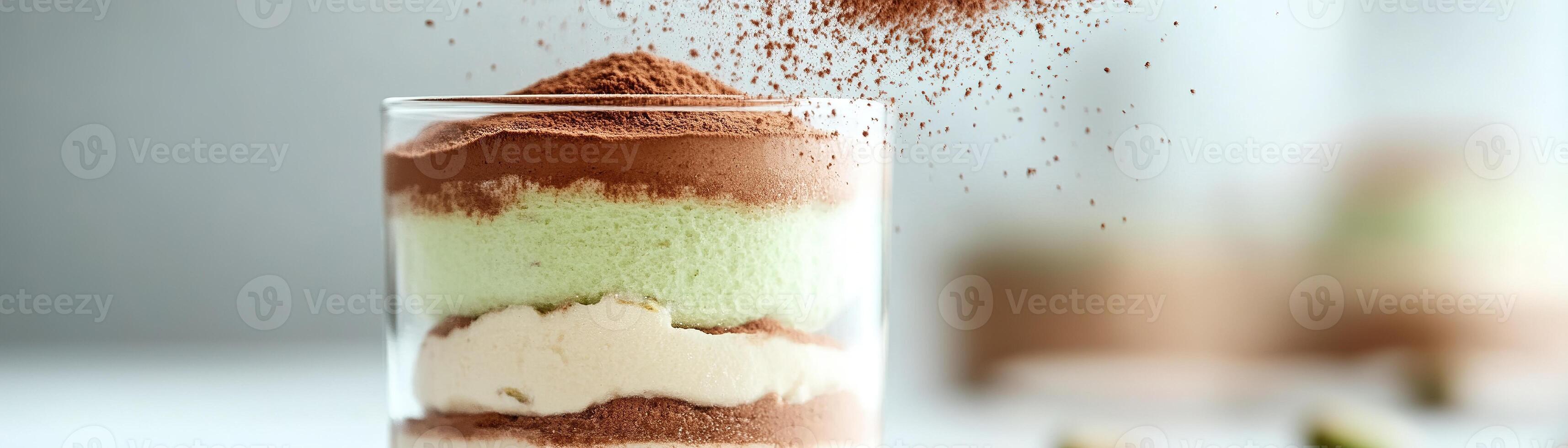 A delightful pistachio tiramisu layered in a glass showcases rich colors and textures while cocoa powder is artfully dusted from above, presenting a refined dessert centerpiece photo