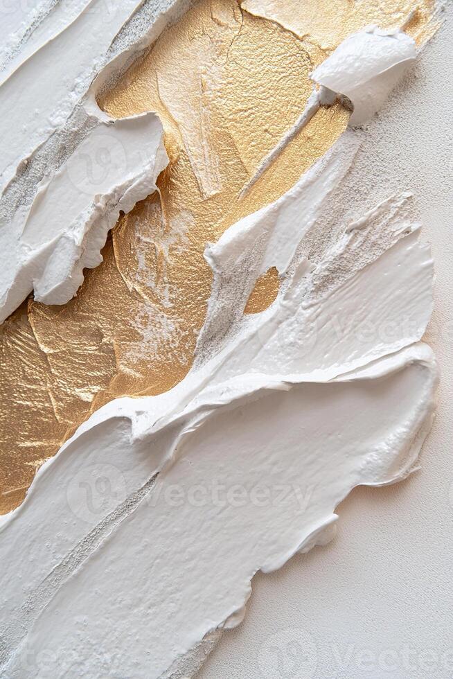 Richly textured acrylic brushstrokes blend white with layers of metallic gold, silver, and bronze, creating a tactile and sophisticated visual identity for premium products photo