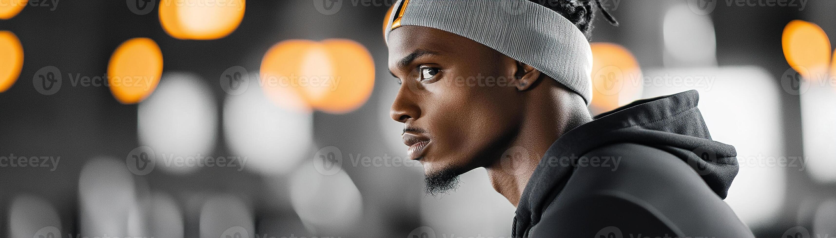 A high-performance athlete focuses intensely during a training session in a luxury gym. The sleek black-and-white composition highlights designer sportswear and soft lighting photo