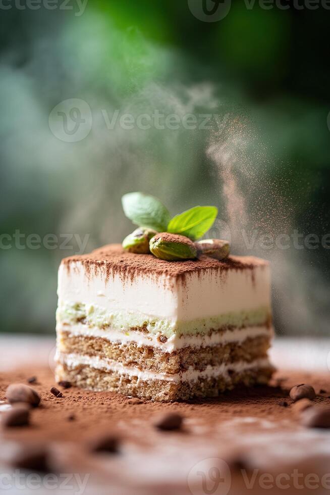 In a misty, enchanting dessert world, a towering slice of pistachio tiramisu captivates the senses, softly glowing while cocoa powder drifts gracefully through the air photo