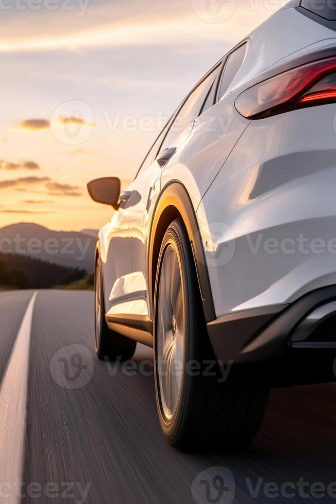 A stylish car glides smoothly on an open road as the golden sunlight washes over the landscape, creating an atmosphere of freedom and adventure in the early evening photo