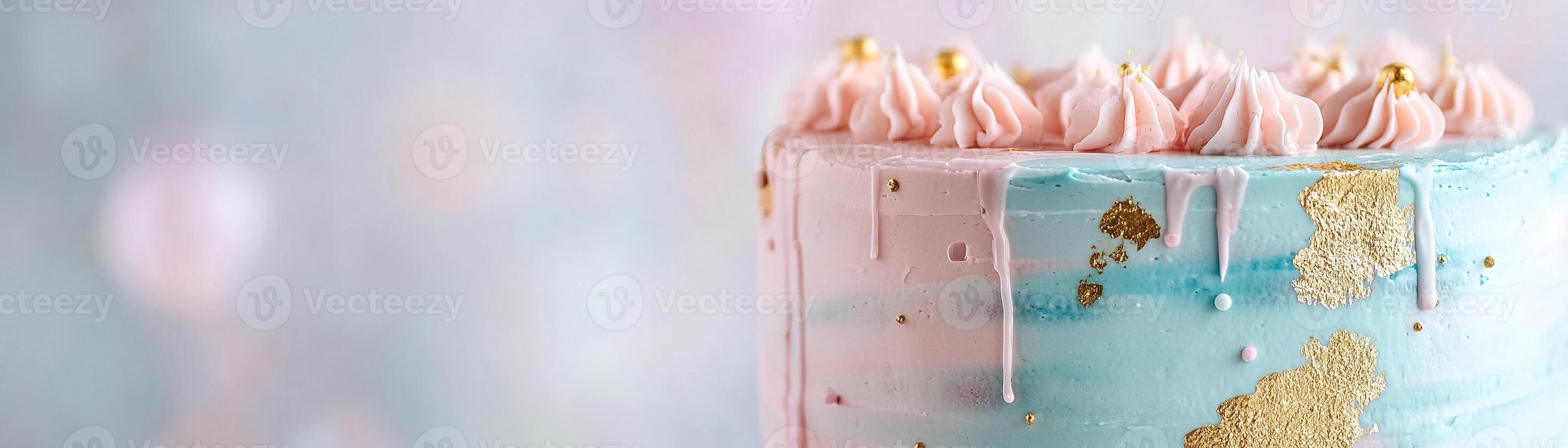A beautifully decorated cake features pastel colors with fluid watercolor brush strokes blending pinks and blues. Gold leaf accents add an artistic touch, perfect for any occasion photo