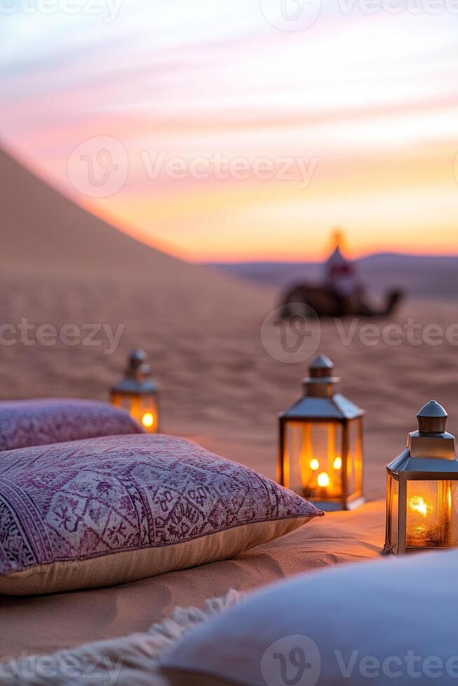 A traveler rides a camel through golden sand dunes at sunset, surrounded by Moroccan-style cushions and glowing lanterns, creating a serene desert atmosphere photo