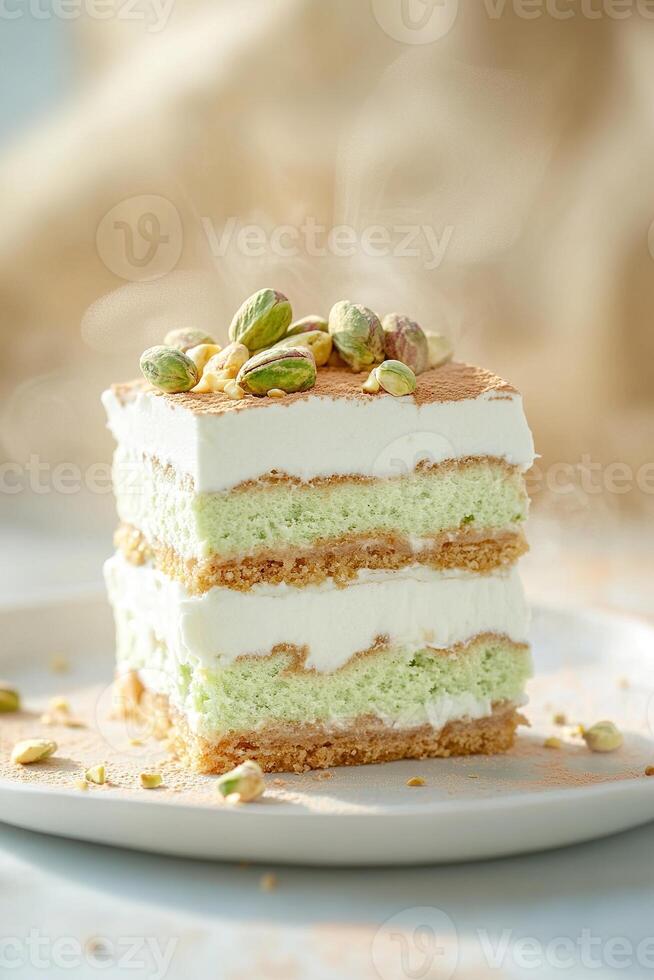 A beautifully crafted multi-layered pistachio tiramisu rises elegantly, showcasing its unique layers and textures in a soft golden atmosphere, inviting a delightful tasting experience photo