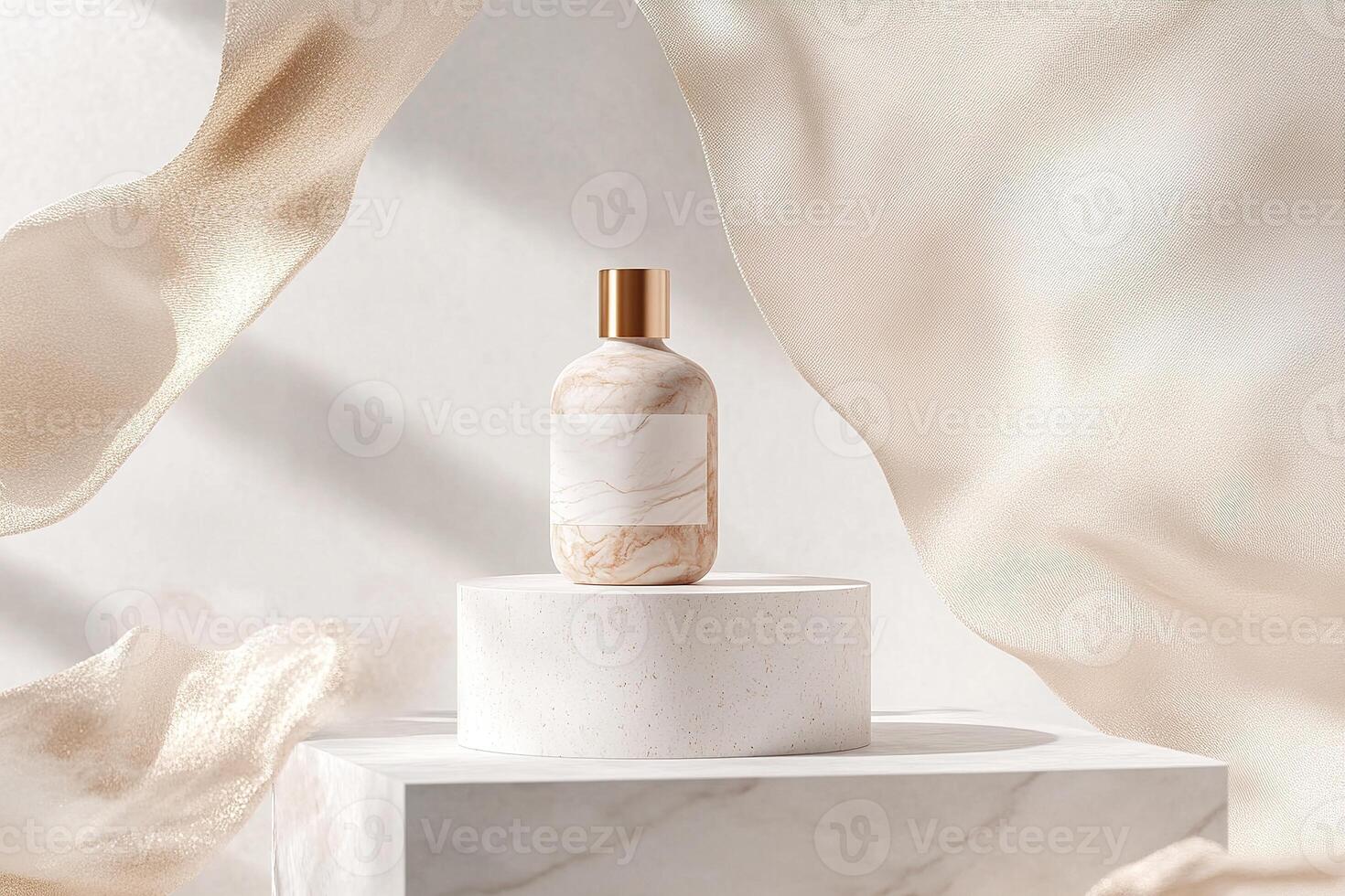 A minimalistic probiotic bottle rests on a white marble pedestal. Soft golden mist swirls around it, creating an atmosphere of exclusivity and scientific precision photo