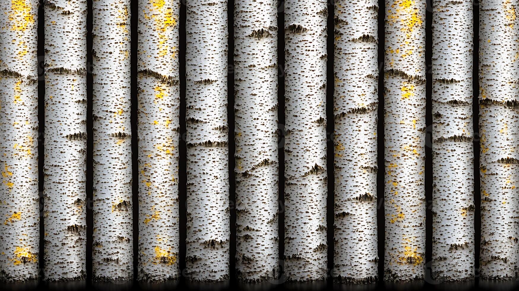 Close-up view of textured birch bark with yellow lichen on a wooden surface photo
