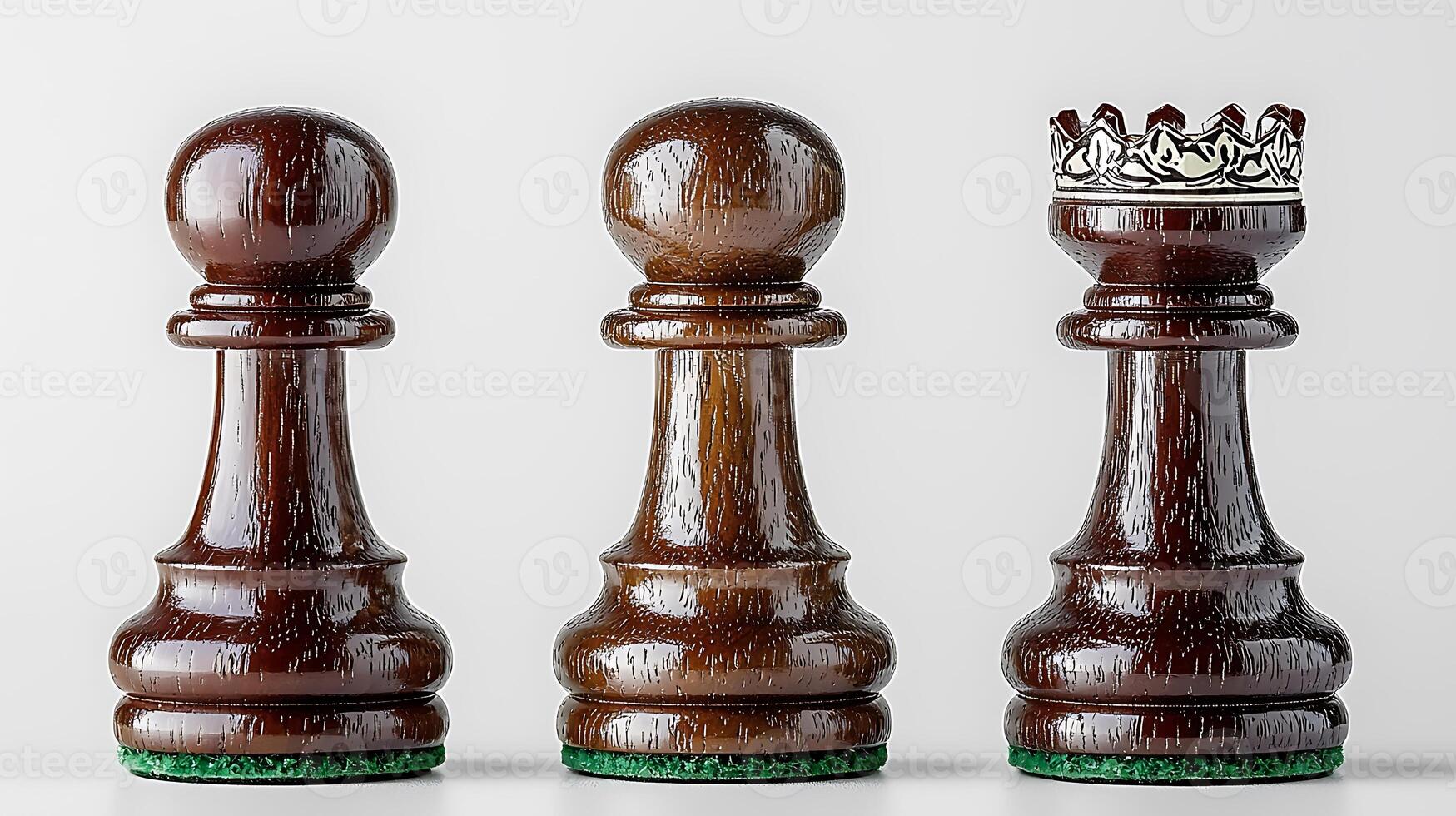 Close-up view of three wooden chess pieces representing pawn and queen on a neutral background photo