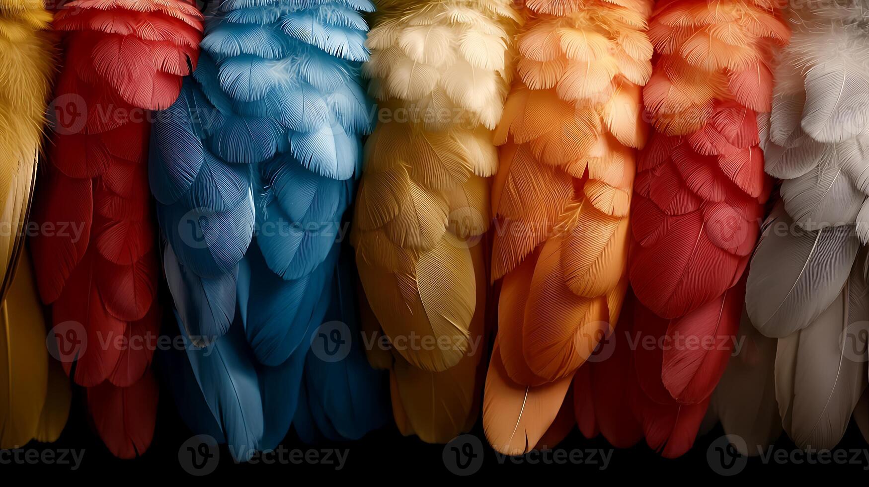 Close-up view of vibrant bird feathers in a spectrum of colors against a dark background photo