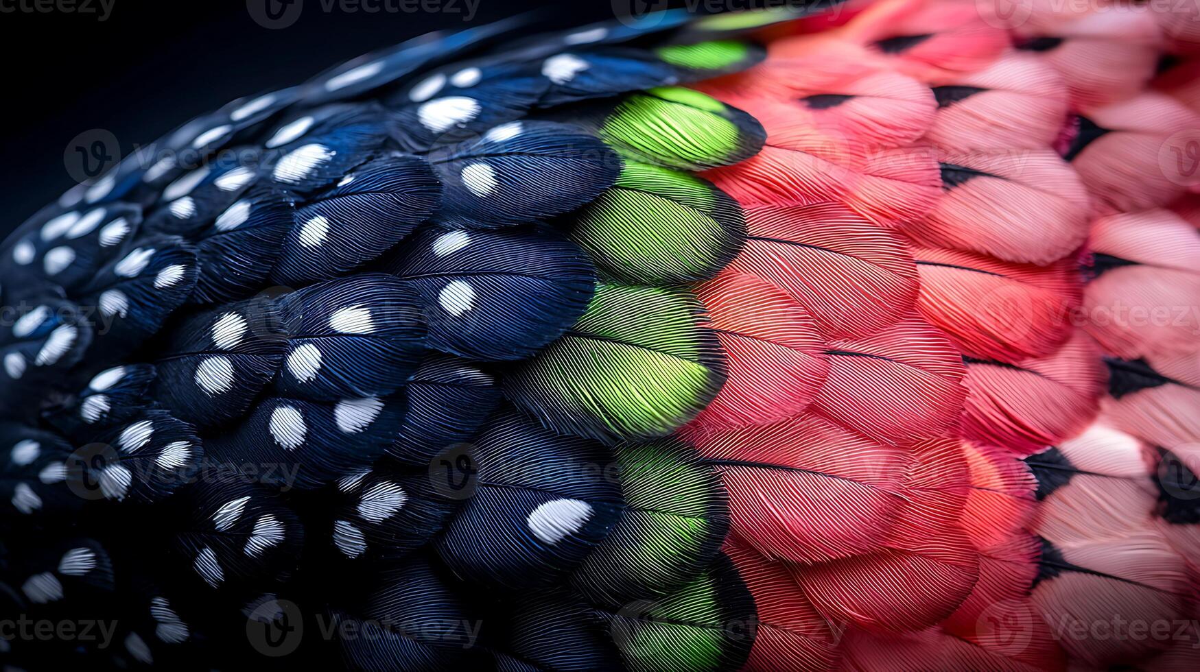 Close-up view of vibrant bird feathers showcasing intricate patterns and colors in nature photo