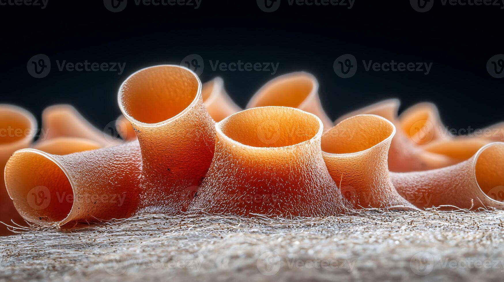 Close-up view of vibrant orange fungi structures emerging from a textured surface in a dark background photo