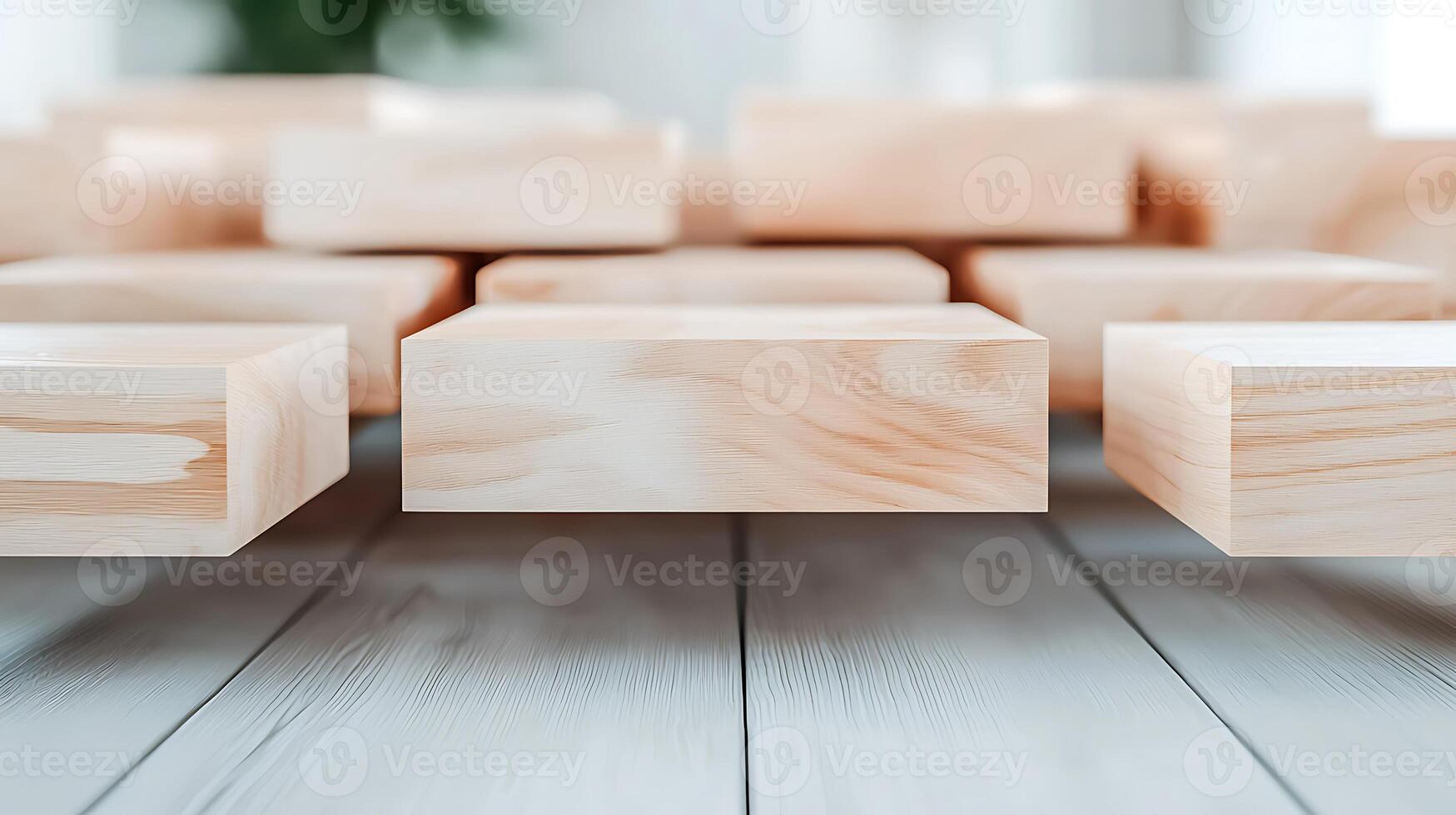 Close-up view of wooden blocks arranged on a floor in a bright, minimalistic interior setting photo