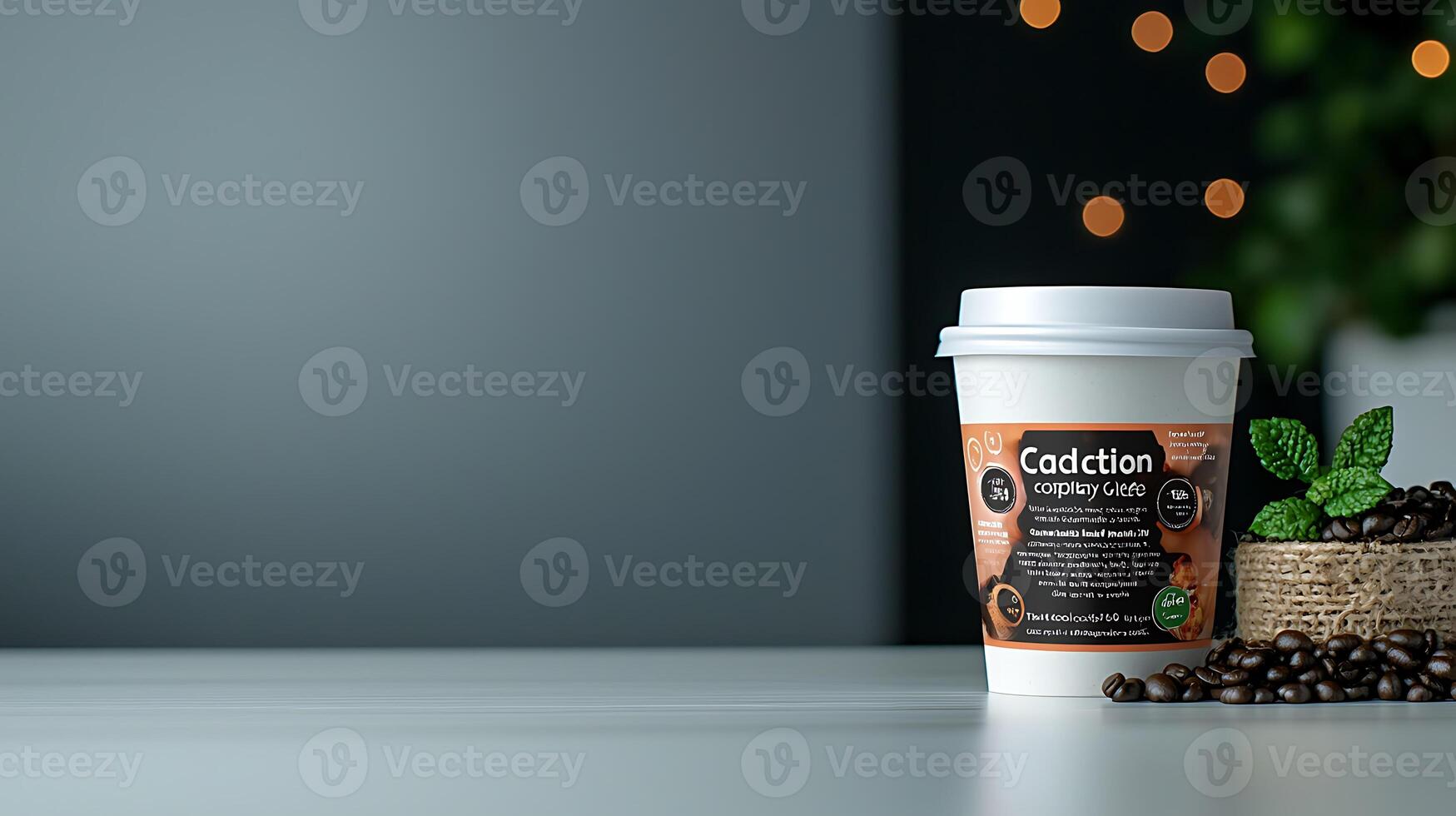 Coffee cup with decorative label on table, surrounded by coffee beans and greenery, cozy ambiance photo