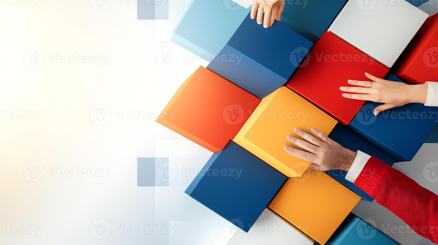Collaborative hands assembling colorful geometric blocks in a bright, modern workspace photo