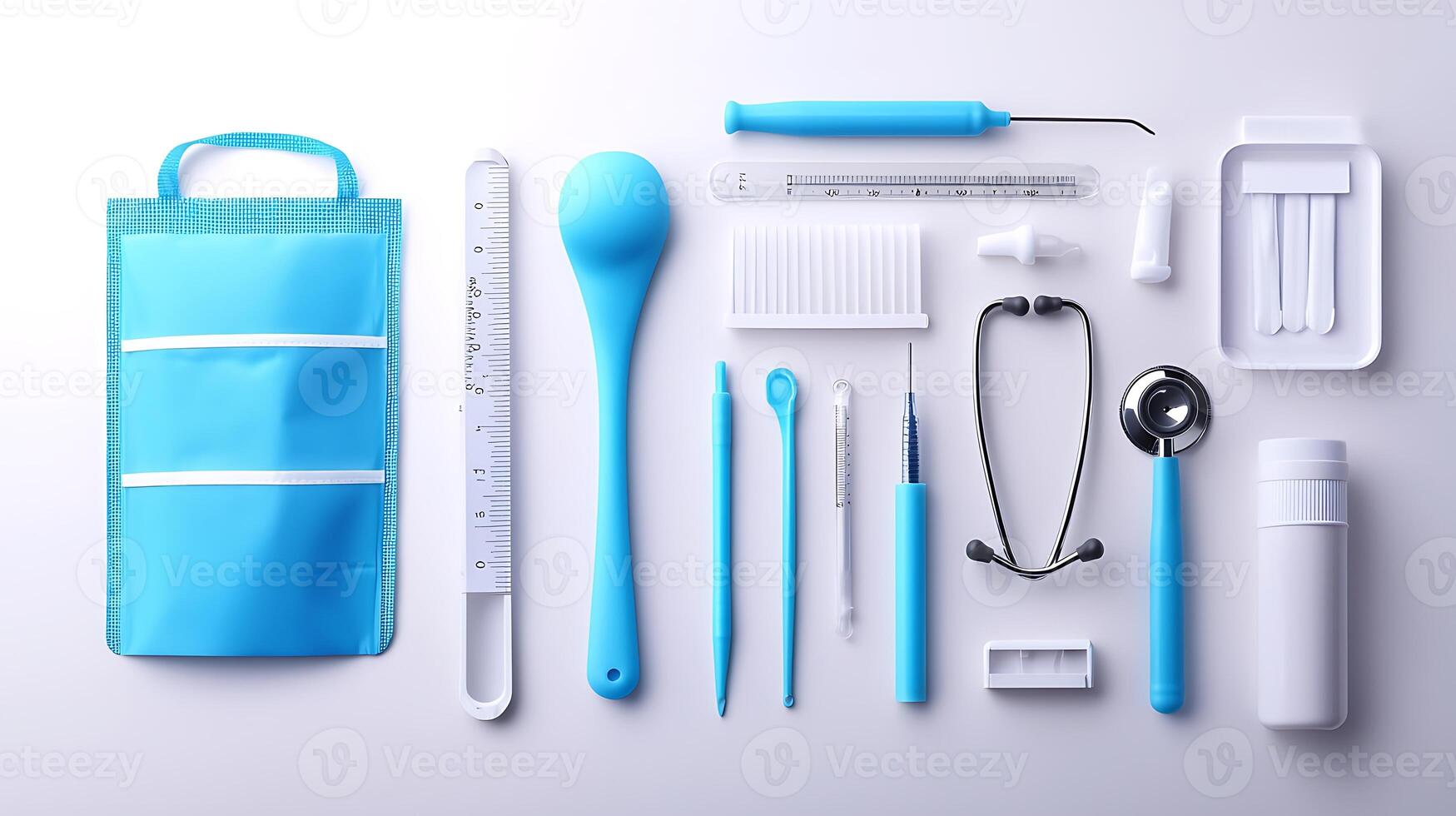 Collection of blue medical tools and accessories arranged neatly on a white background for healthcare use photo