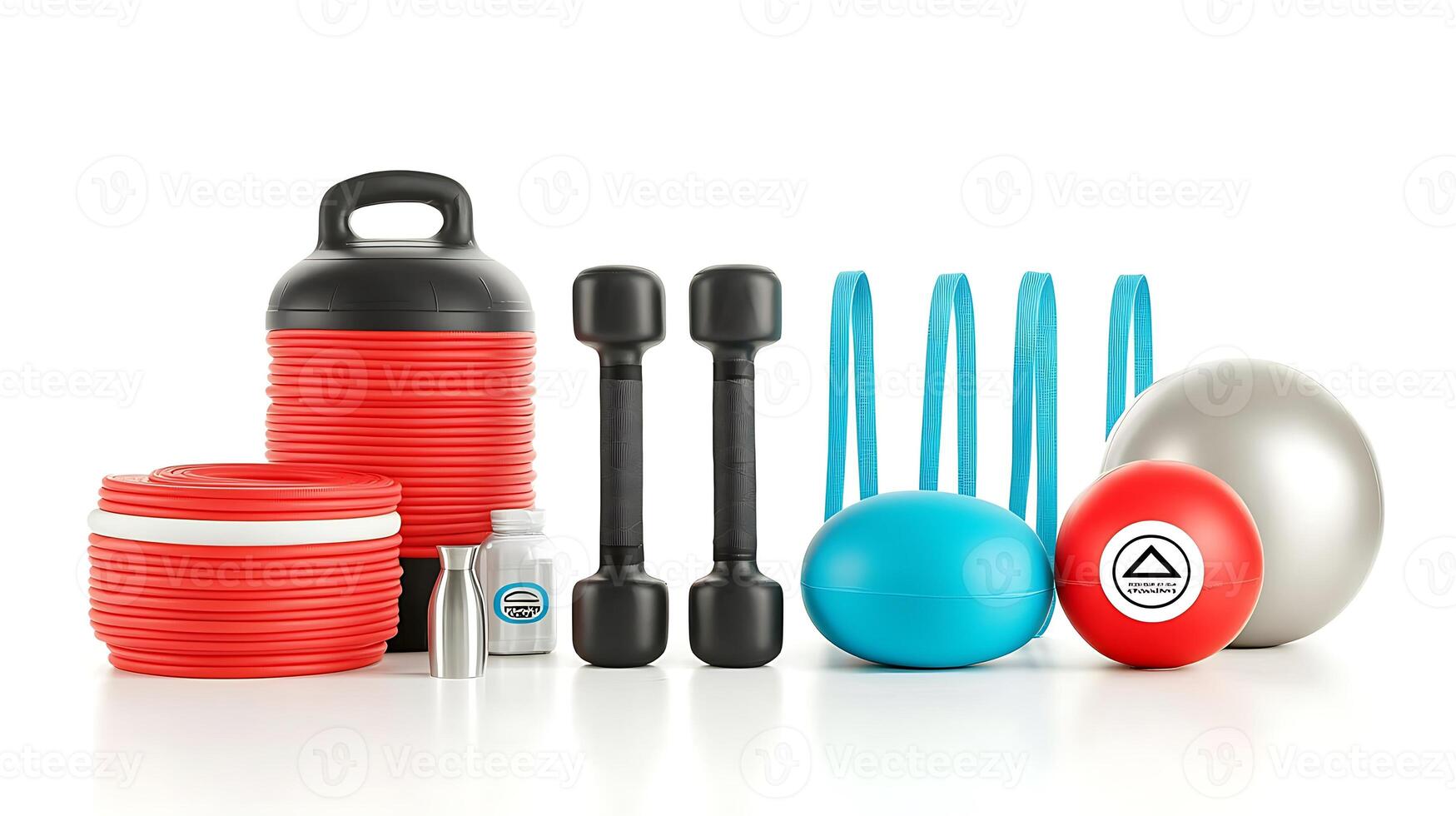 Collection of colorful fitness equipment including weights, resistance bands, and exercise balls on a white background photo
