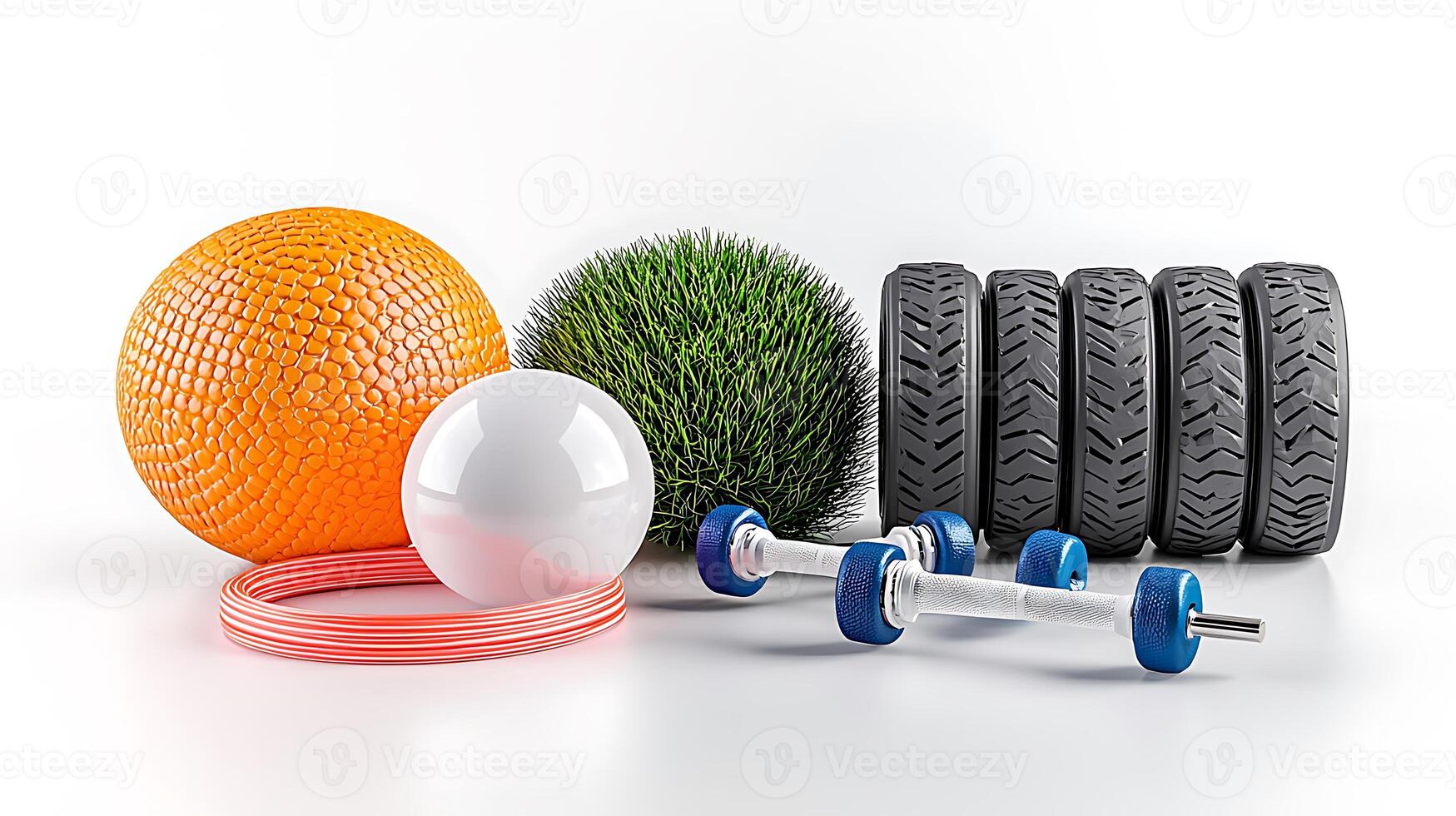Collection of colorful sports equipment including balls, grass, dumbbells, and tires on a white background photo