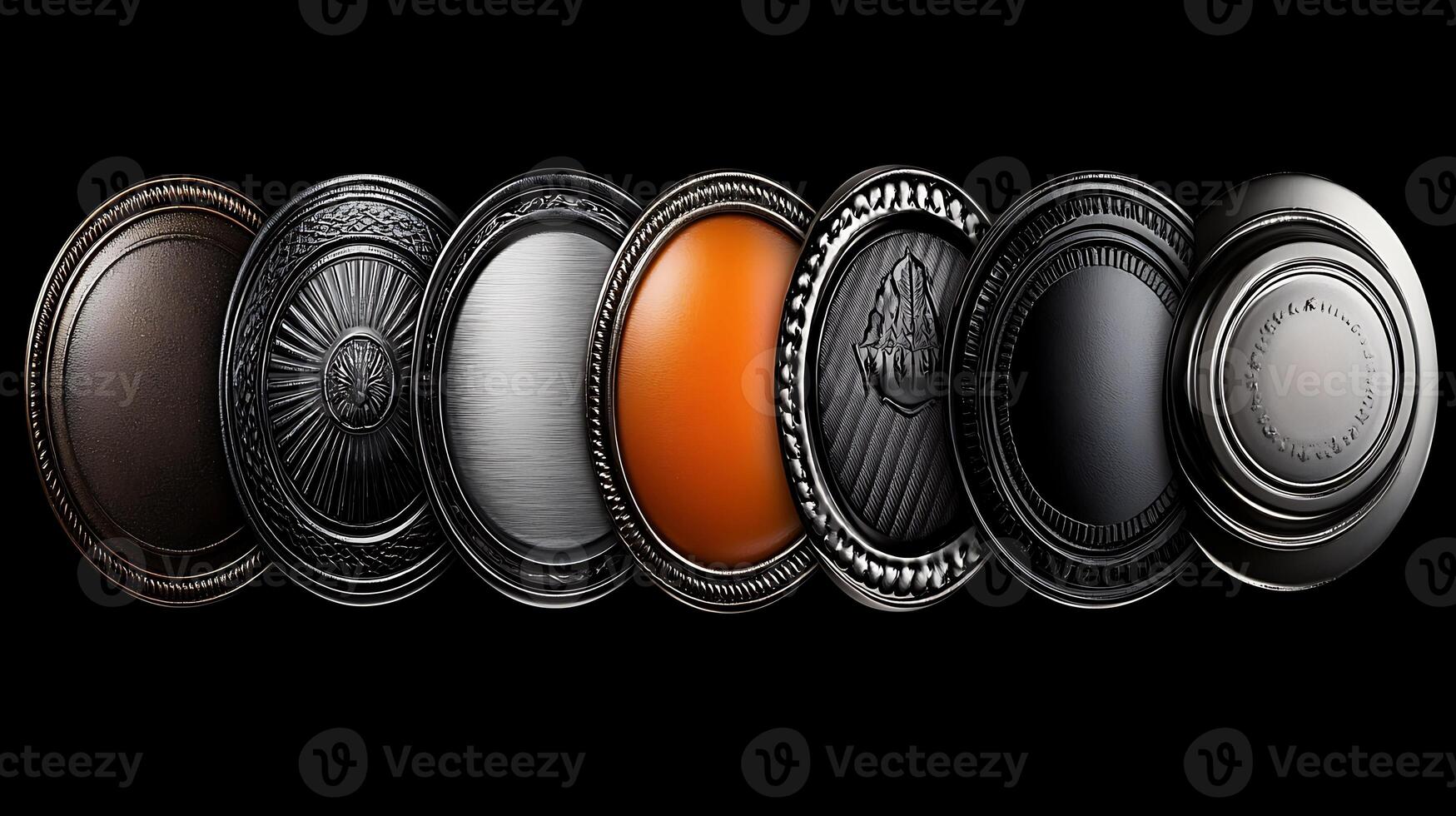 Collection of decorative metal buttons showcasing various textures and finishes on a black background photo