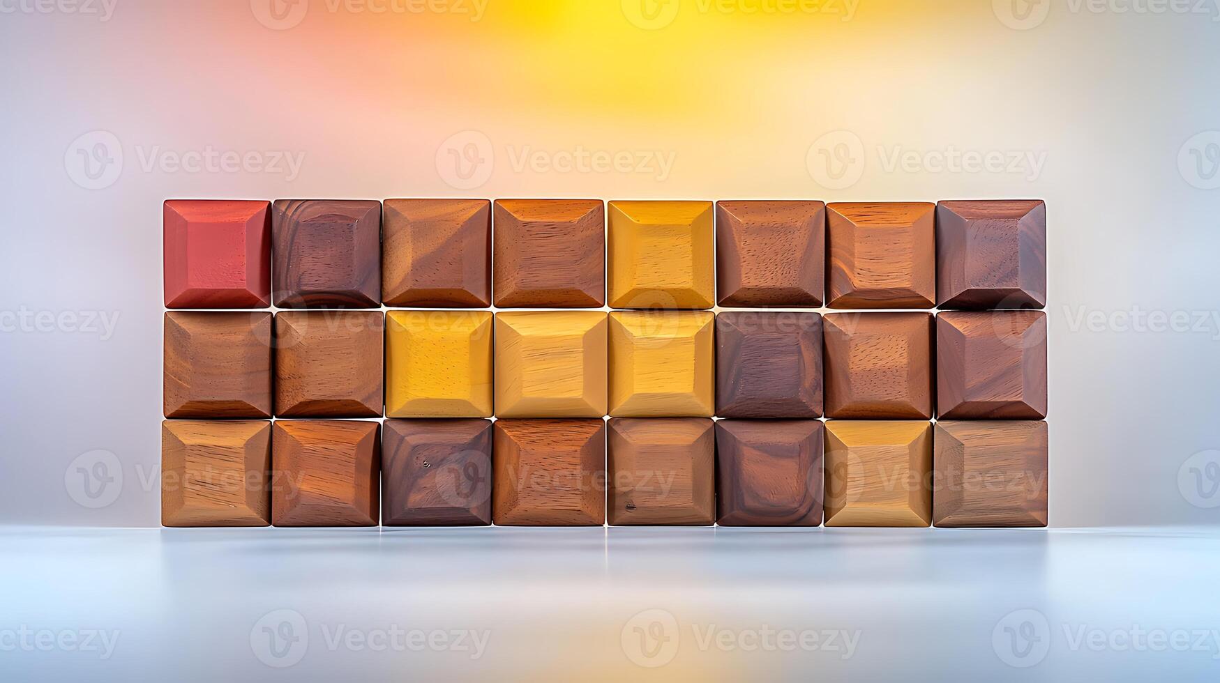 Collection of colorful wooden blocks arranged in a grid pattern on a soft gradient background photo
