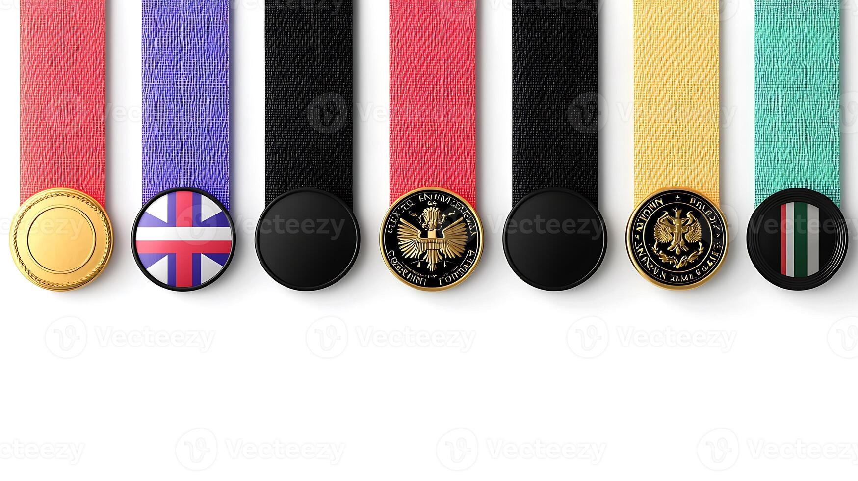 Collection of decorative ribbons with various emblems displayed in a clean, minimalistic layout photo
