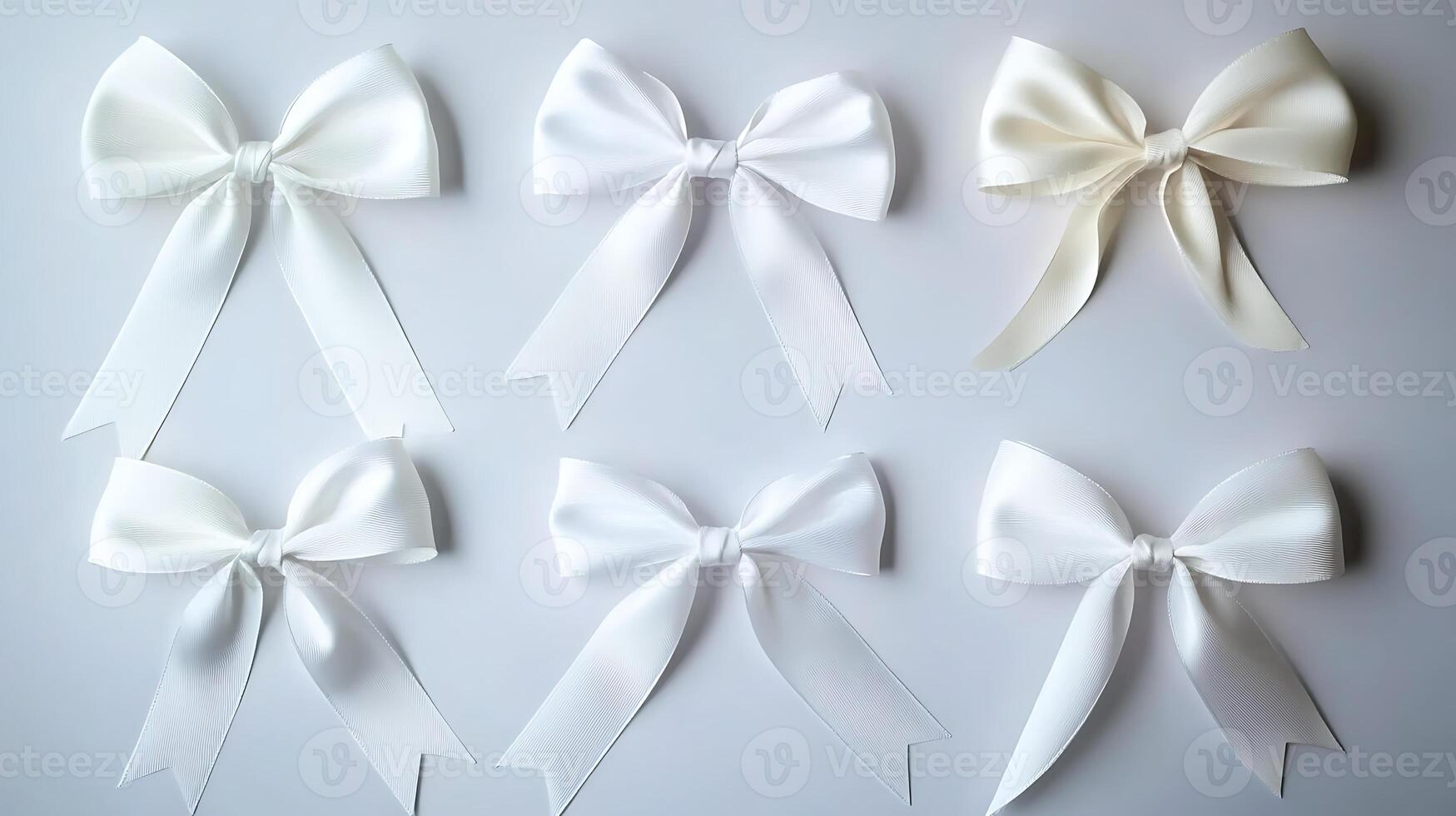 Collection of elegant white bows arranged symmetrically on a neutral background for decoration photo