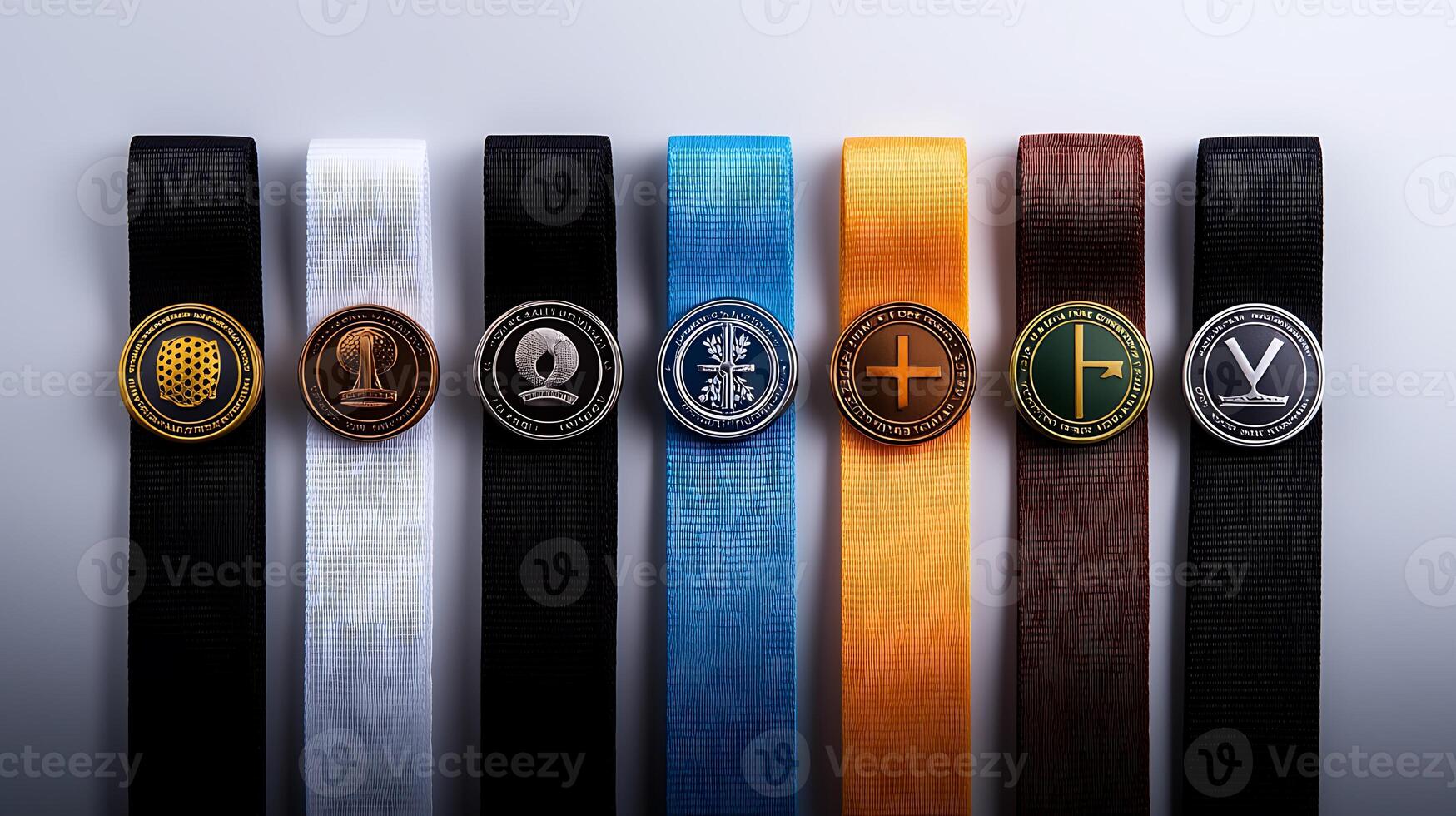 Collection of decorative ribbons with unique emblems displayed on a neutral background photo