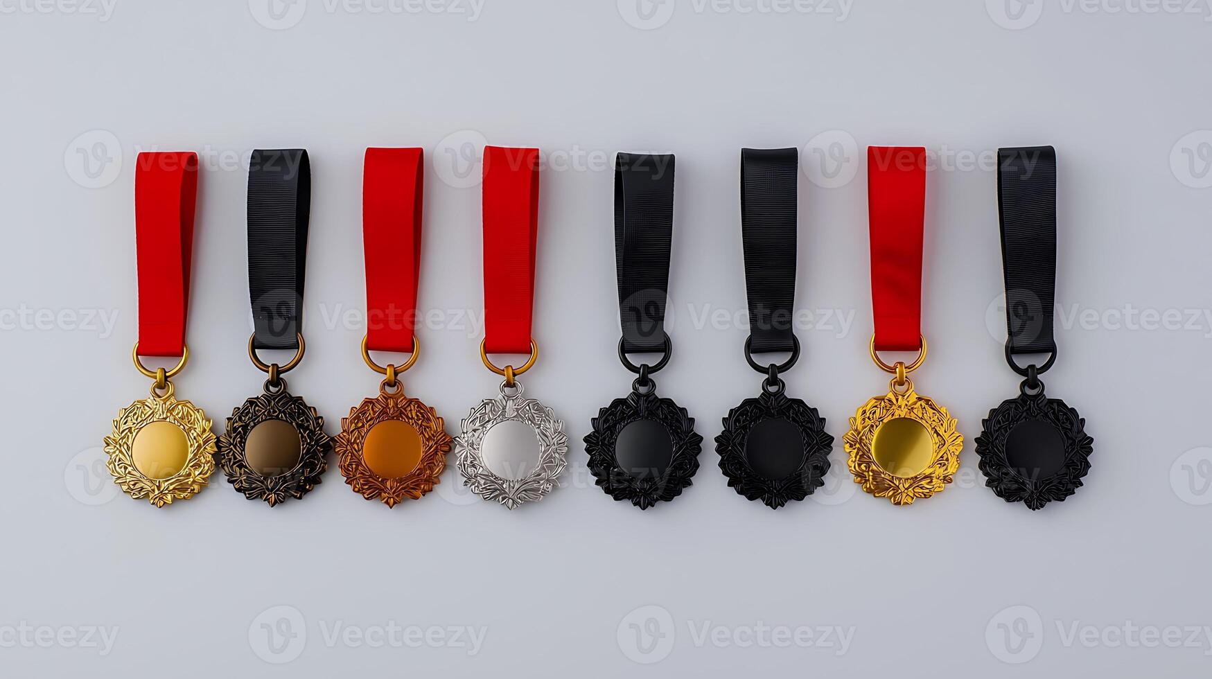 Collection of eight decorative medals in various colors displayed on a neutral background photo