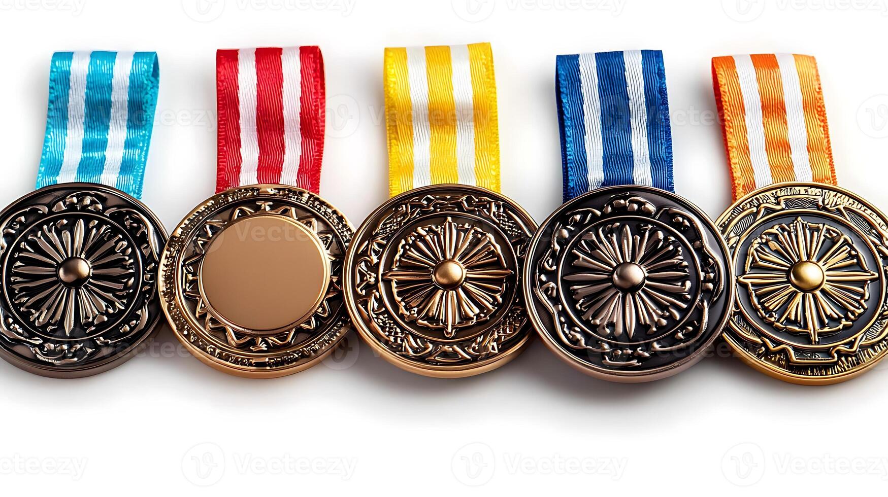 Collection of five decorative medals with vibrant ribbons, showcasing various designs and colors photo