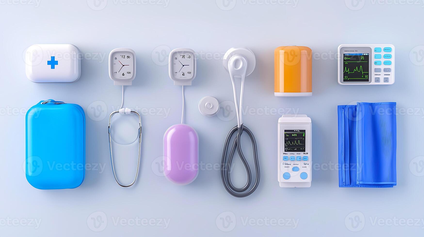 Collection of medical devices and supplies arranged on a light background for healthcare use photo