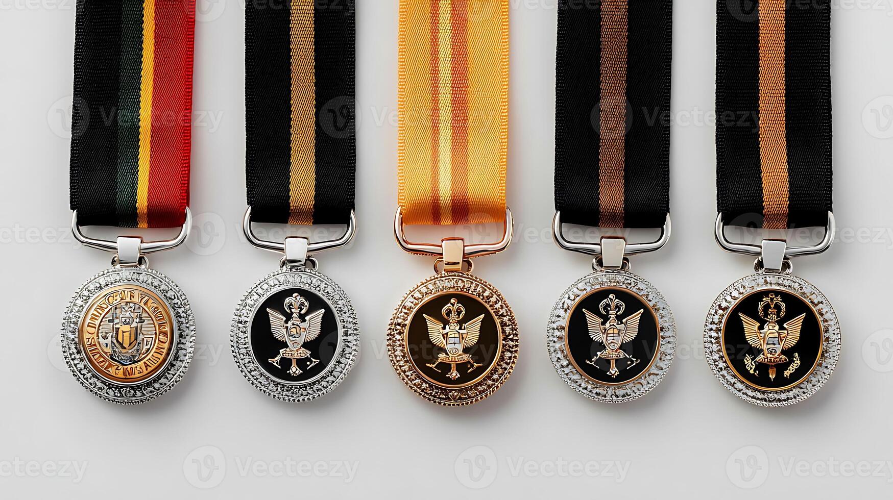 Collection of five distinct medals with detailed emblems and colorful ribbons displayed neatly photo