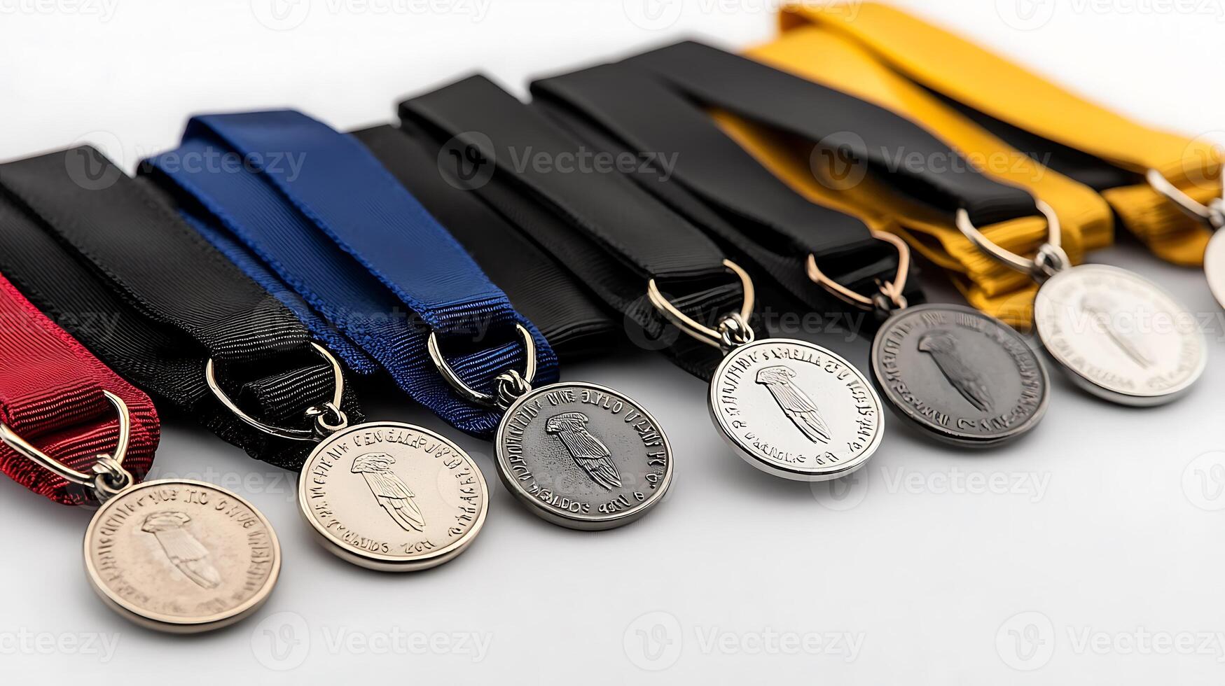 Collection of medals with colorful ribbons displayed on a neutral background, showcasing achievements photo