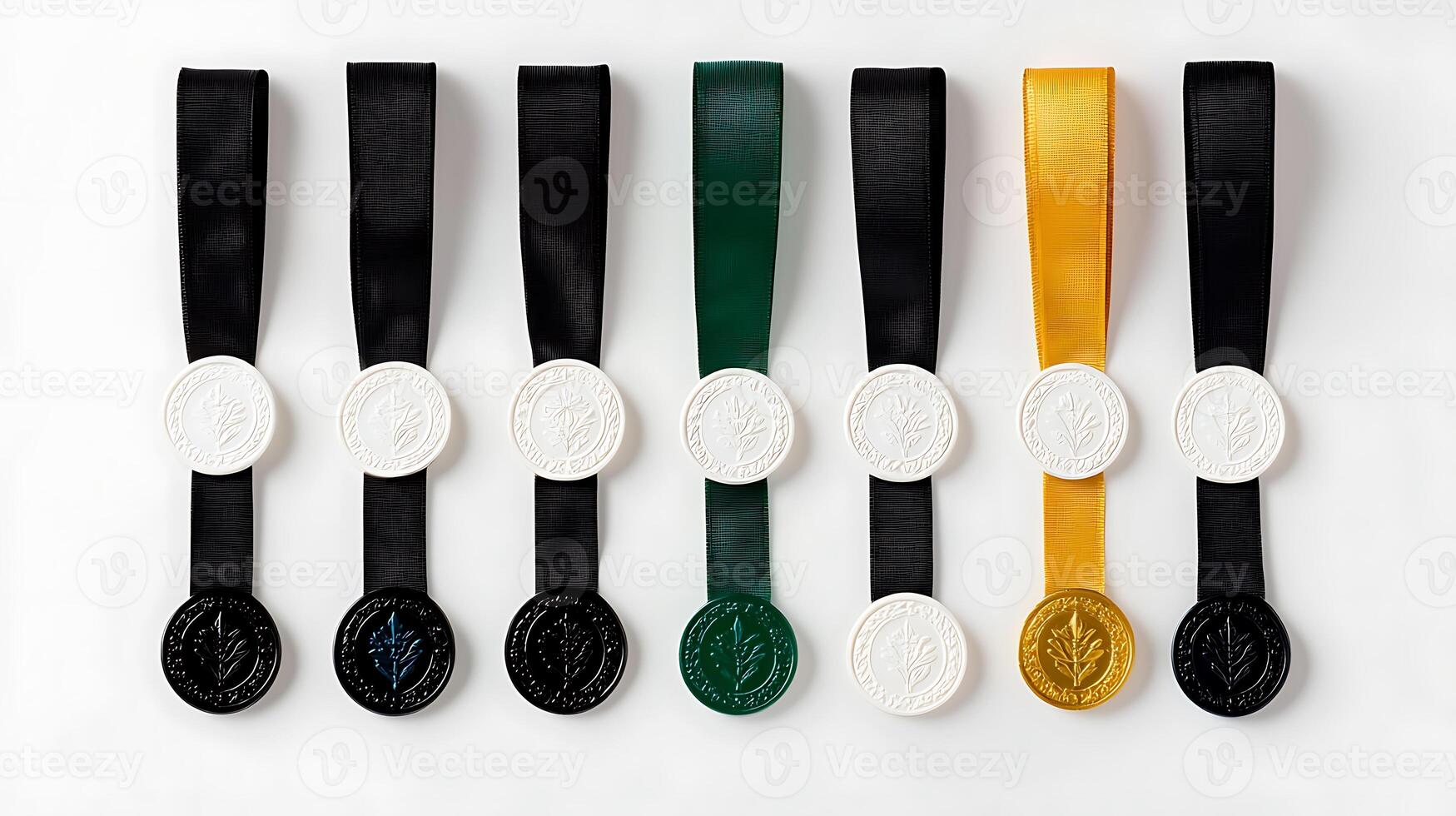 Collection of medals with various colored ribbons arranged neatly on a white background photo