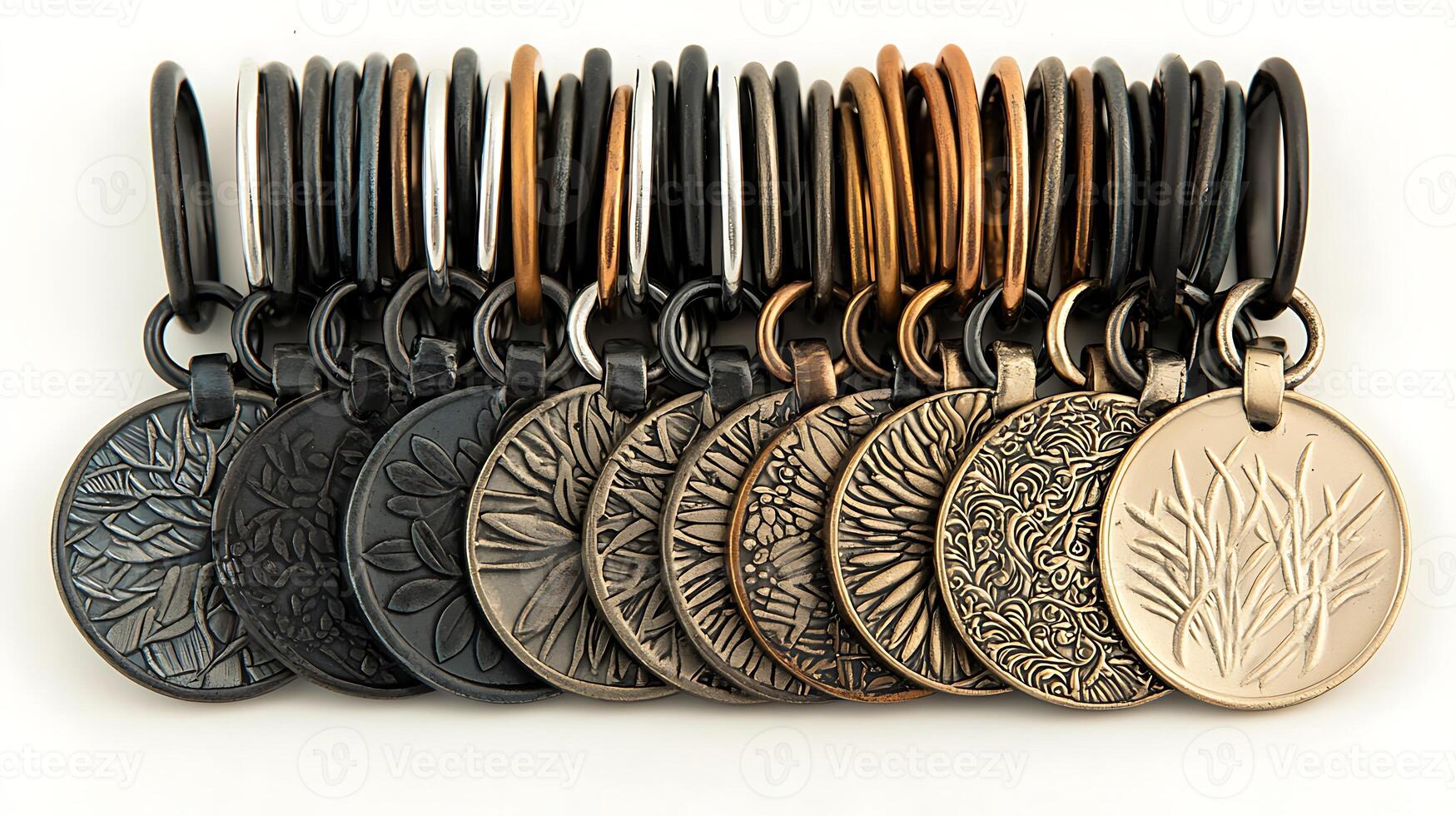 Collection of intricately designed keychains featuring various textured patterns and colors photo