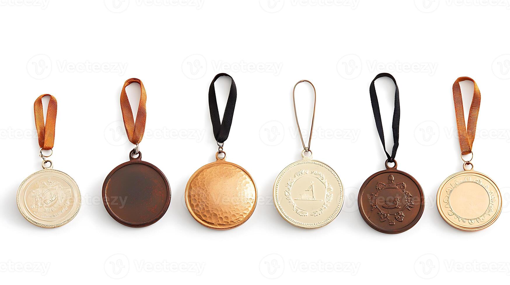 Collection of six diverse medals showcasing different designs and colors, symbolizing achievements photo