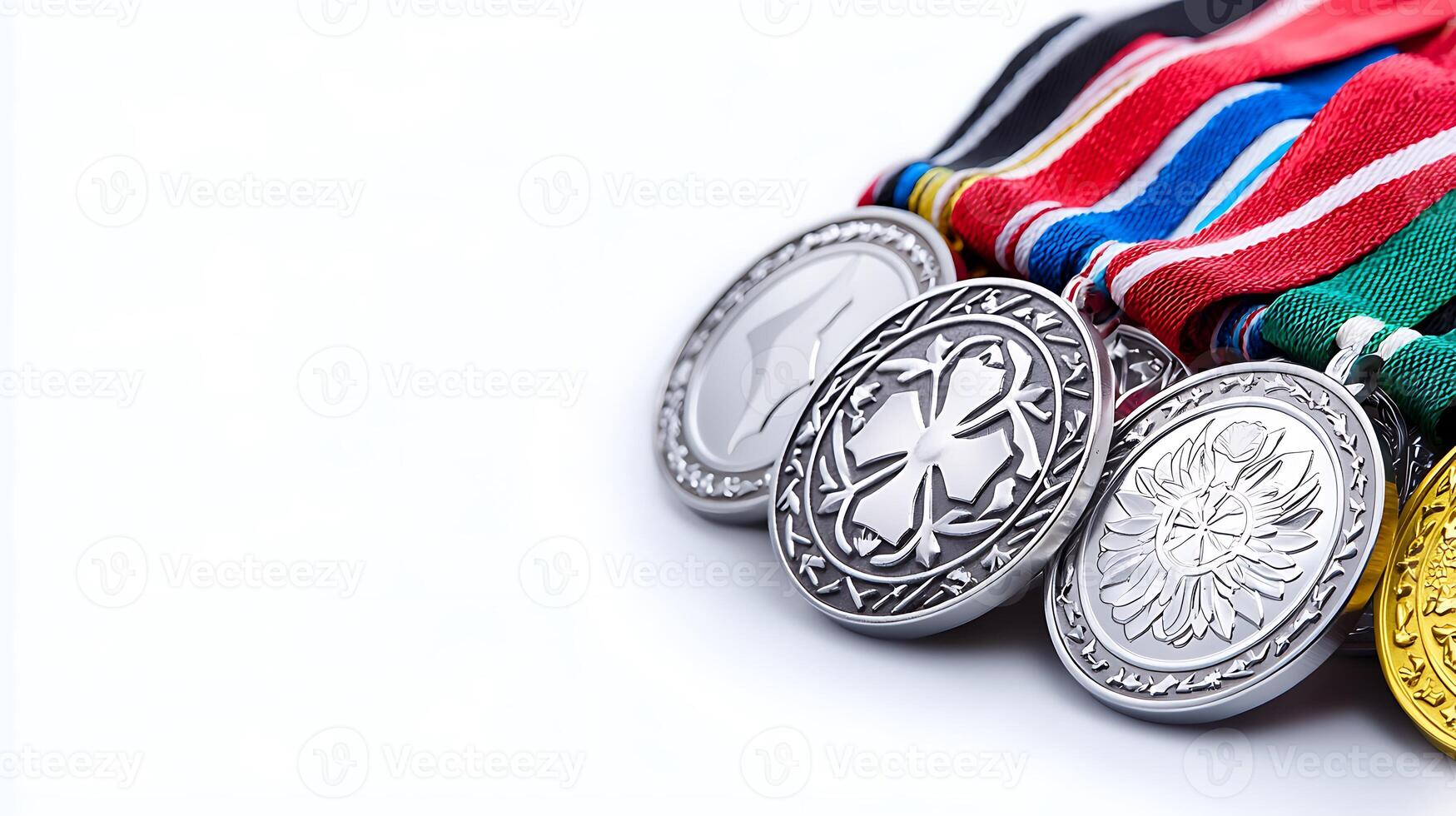 Collection of silver and gold medals with colorful ribbons on a white background photo