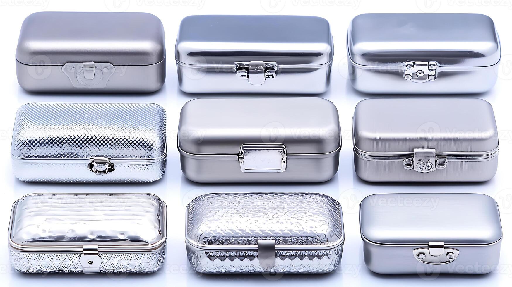 Collection of metallic storage boxes arranged neatly, showcasing various designs and textures photo