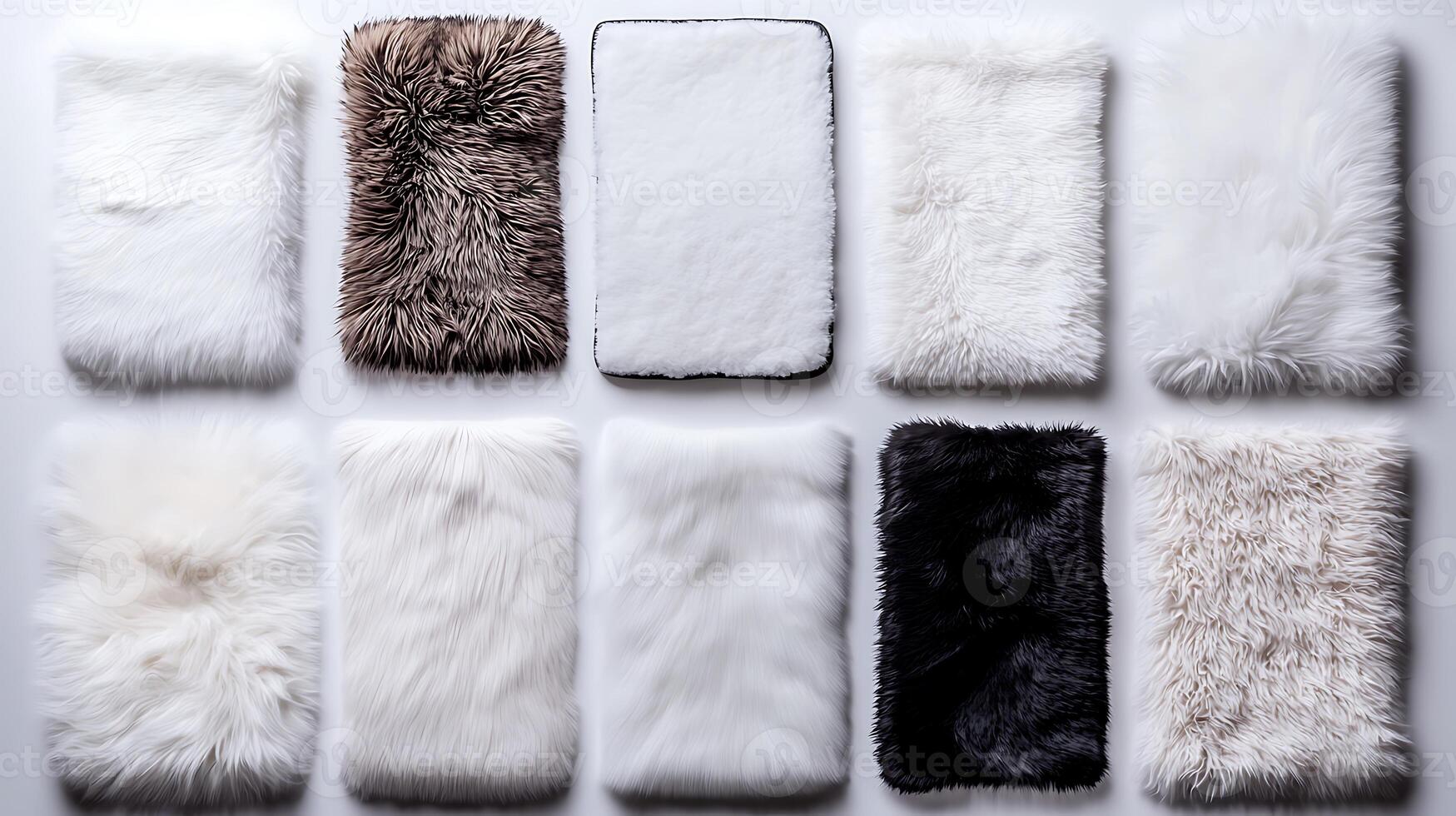 Collection of plush fur textiles arranged in a grid, showcasing various textures and colors photo