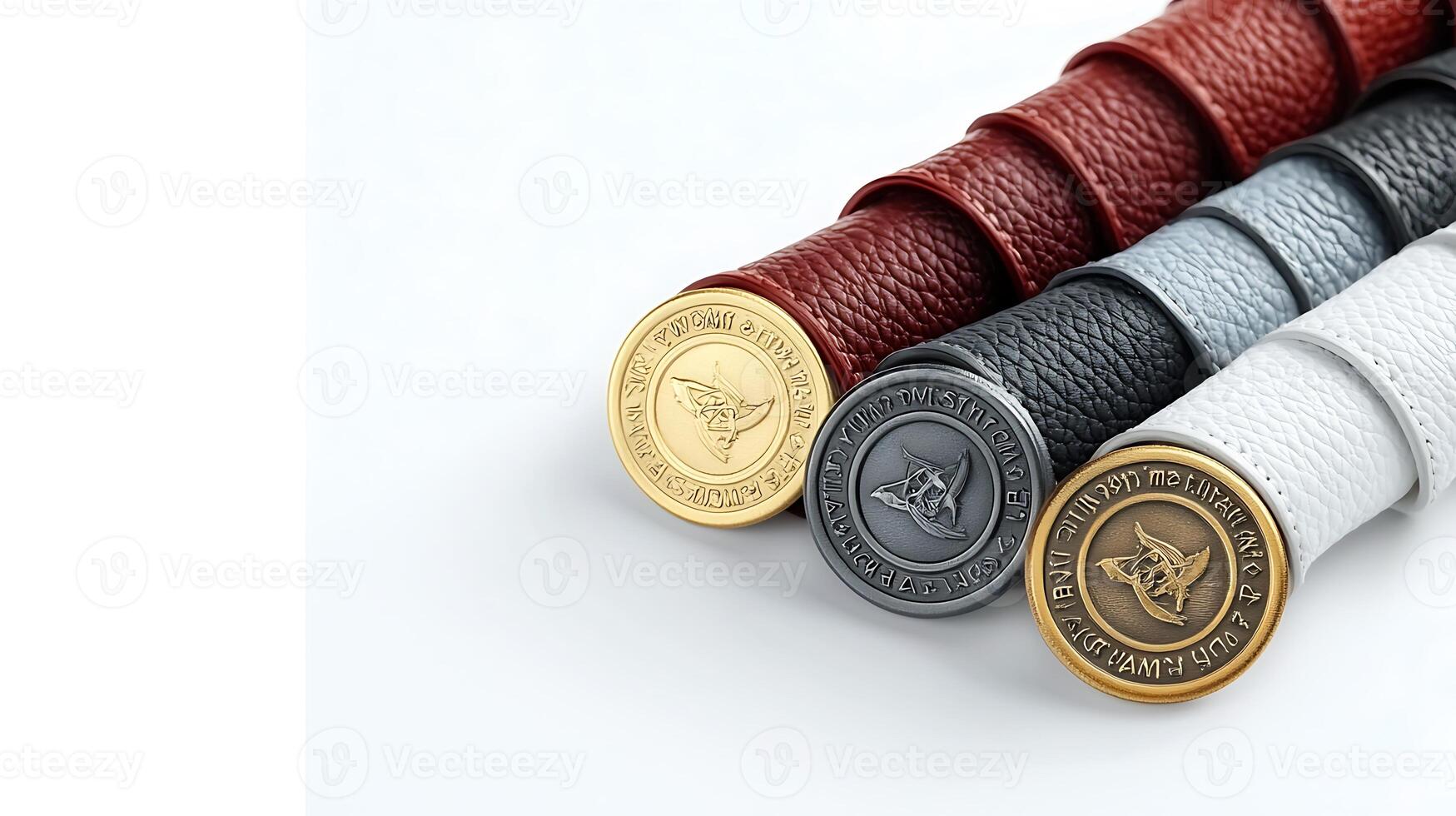 Collection of stylish leather watch straps with embossed logos on a clean background photo