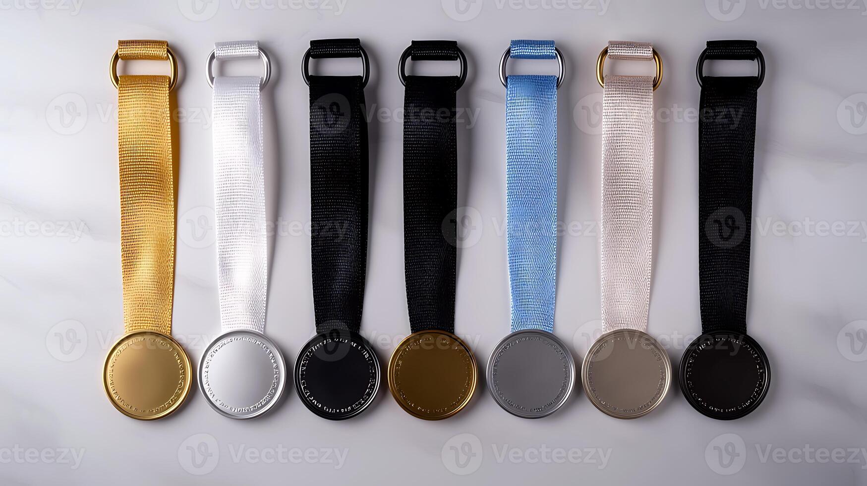 Collection of various colored medals with ribbons displayed on a marble surface, showcasing elegance photo