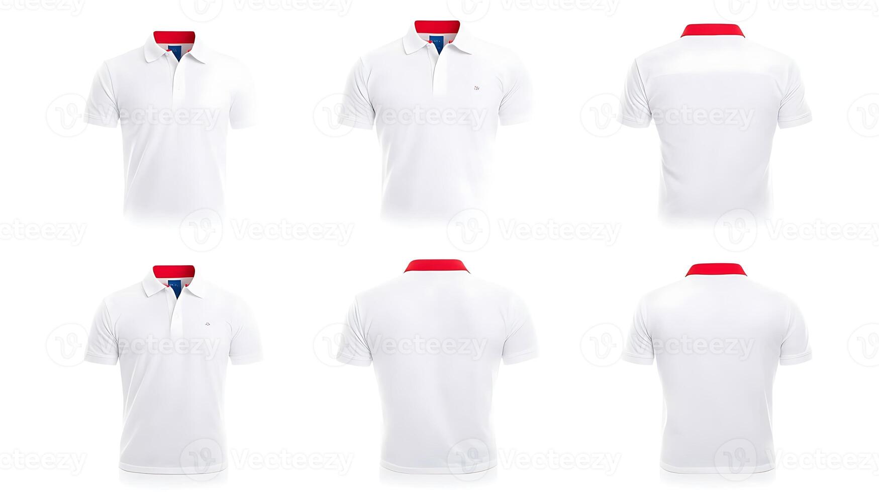 Collection of white polo shirts displayed from multiple angles on a clean background photo