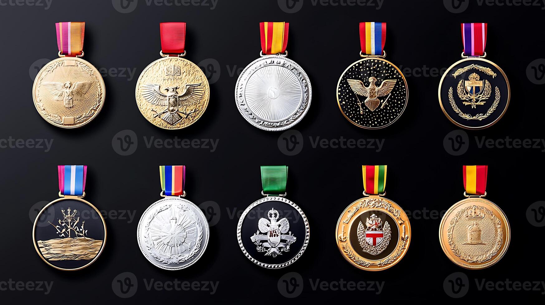 Collection of various medals displayed against a dark background, showcasing intricate designs photo