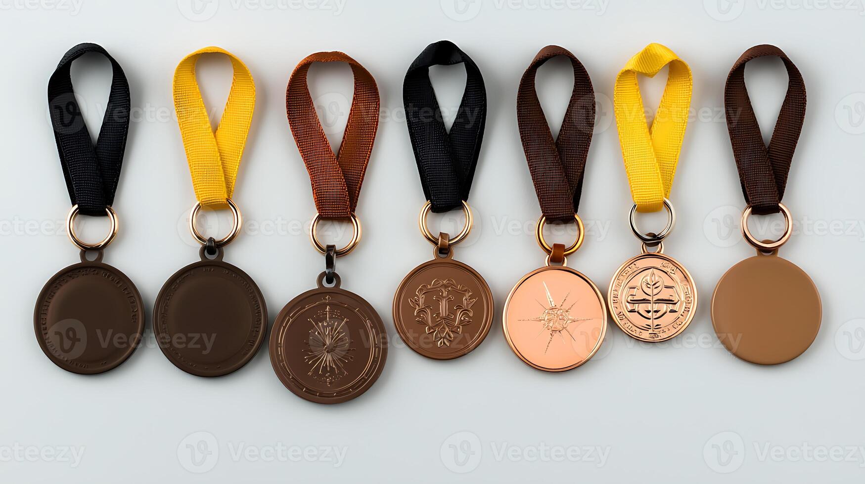 Collection of various medals with different colors and designs, displayed on a light background photo