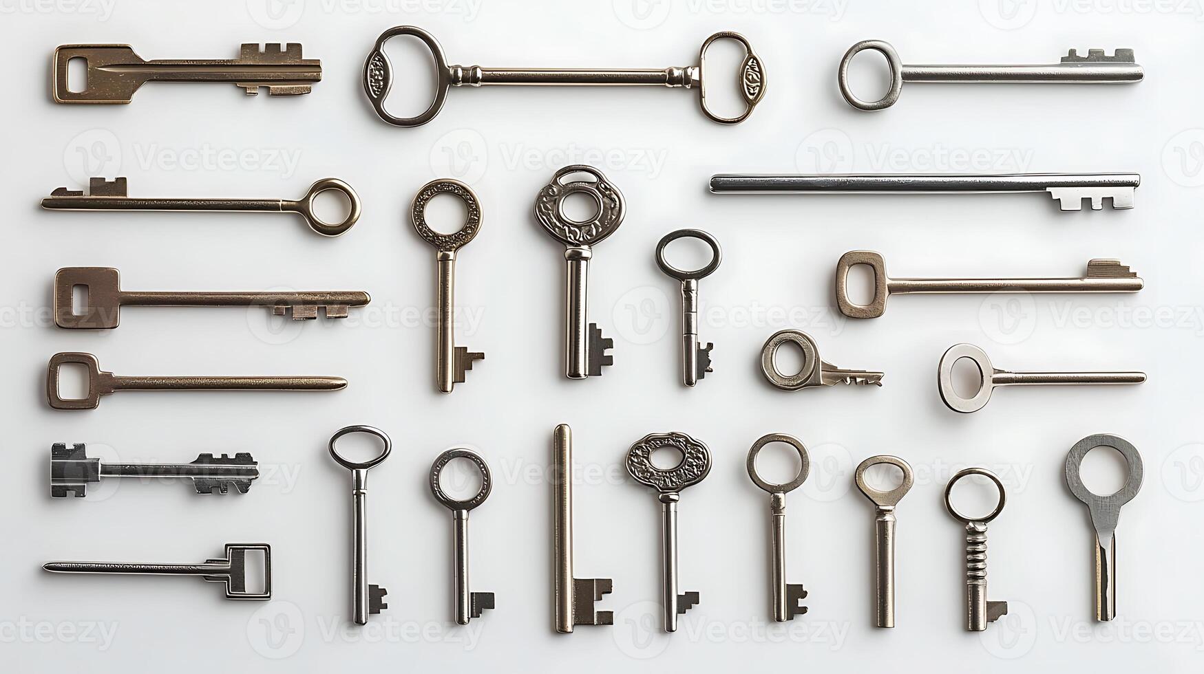 Collection of vintage keys arranged artistically on a neutral background, showcasing unique designs photo