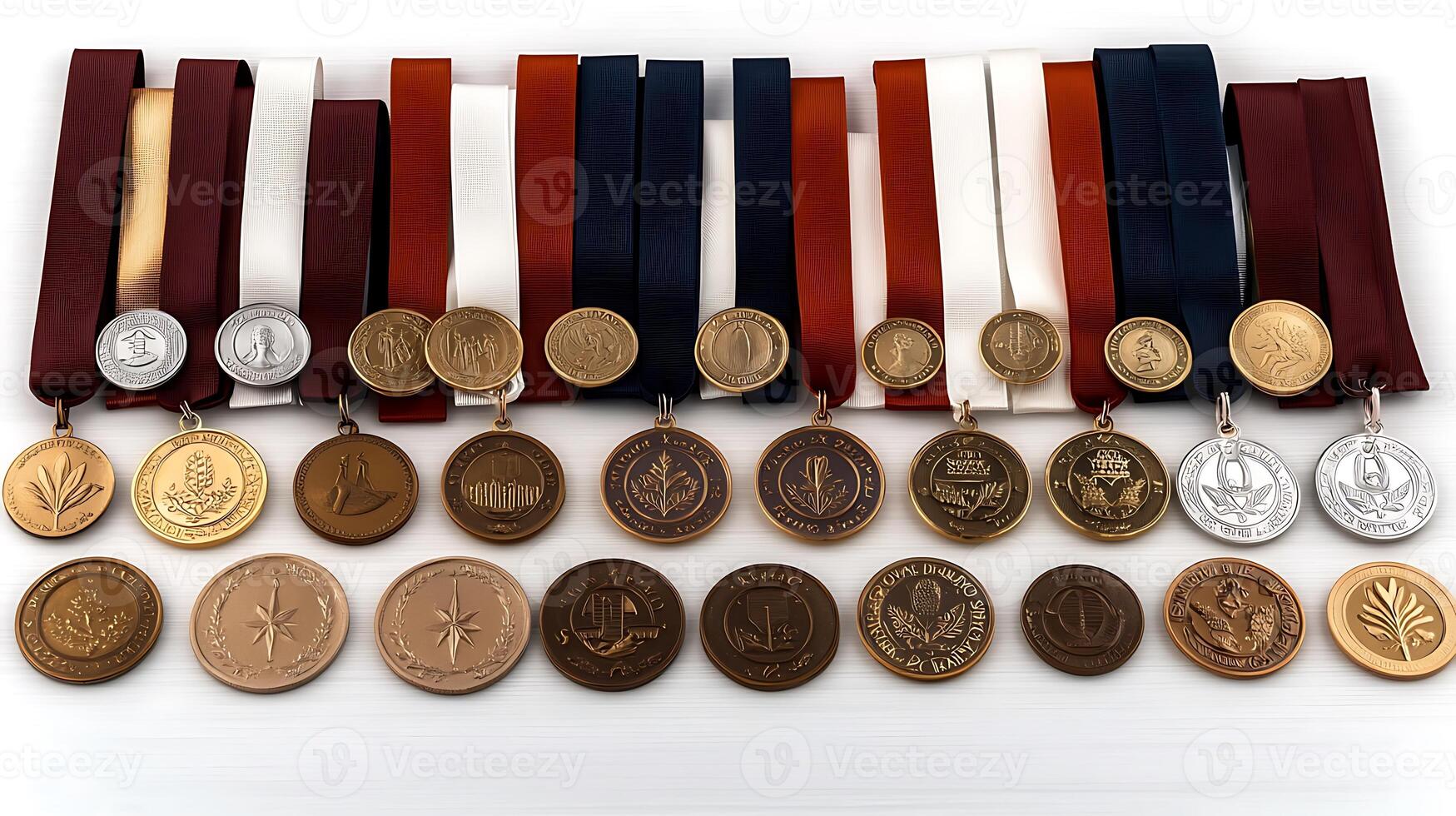 Collection of various medals with ribbons displayed on a white background, showcasing achievements photo